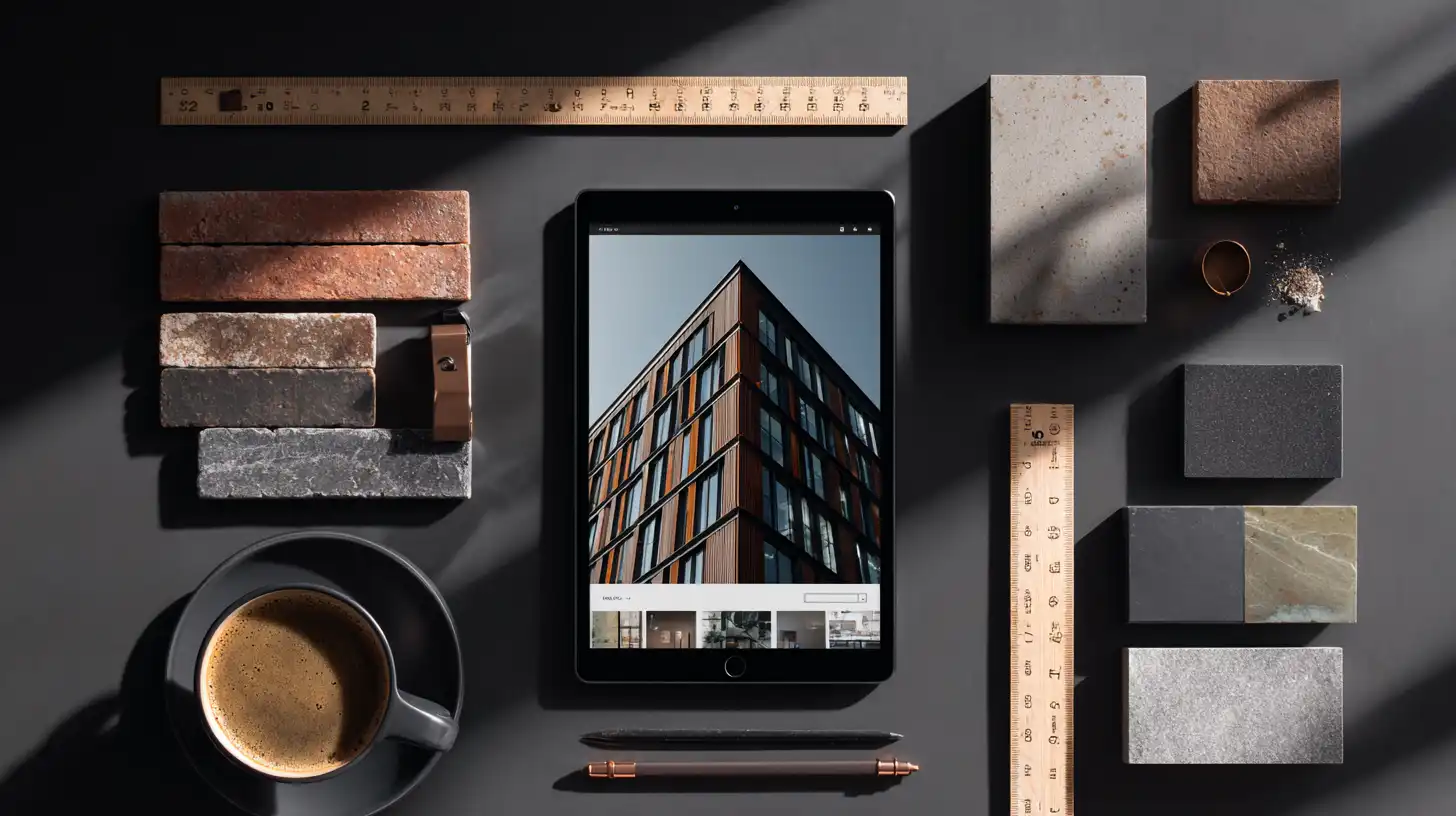 Architect reviewing AI exterior rendering software interface showing a modern residential building facade visualization
