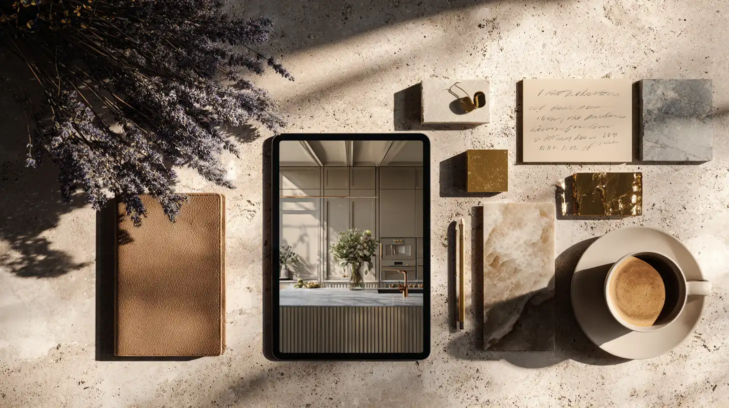 Laptop screen showing an AI interior rendering interface with a living room visualization in progress