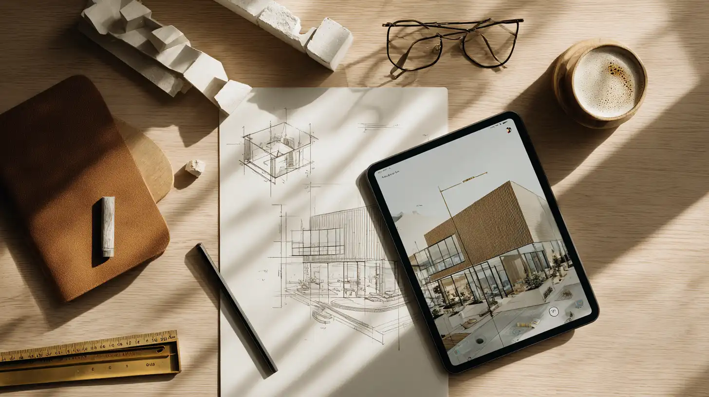 Screen showing AI concept generation interface with three style variations of the same building concept
