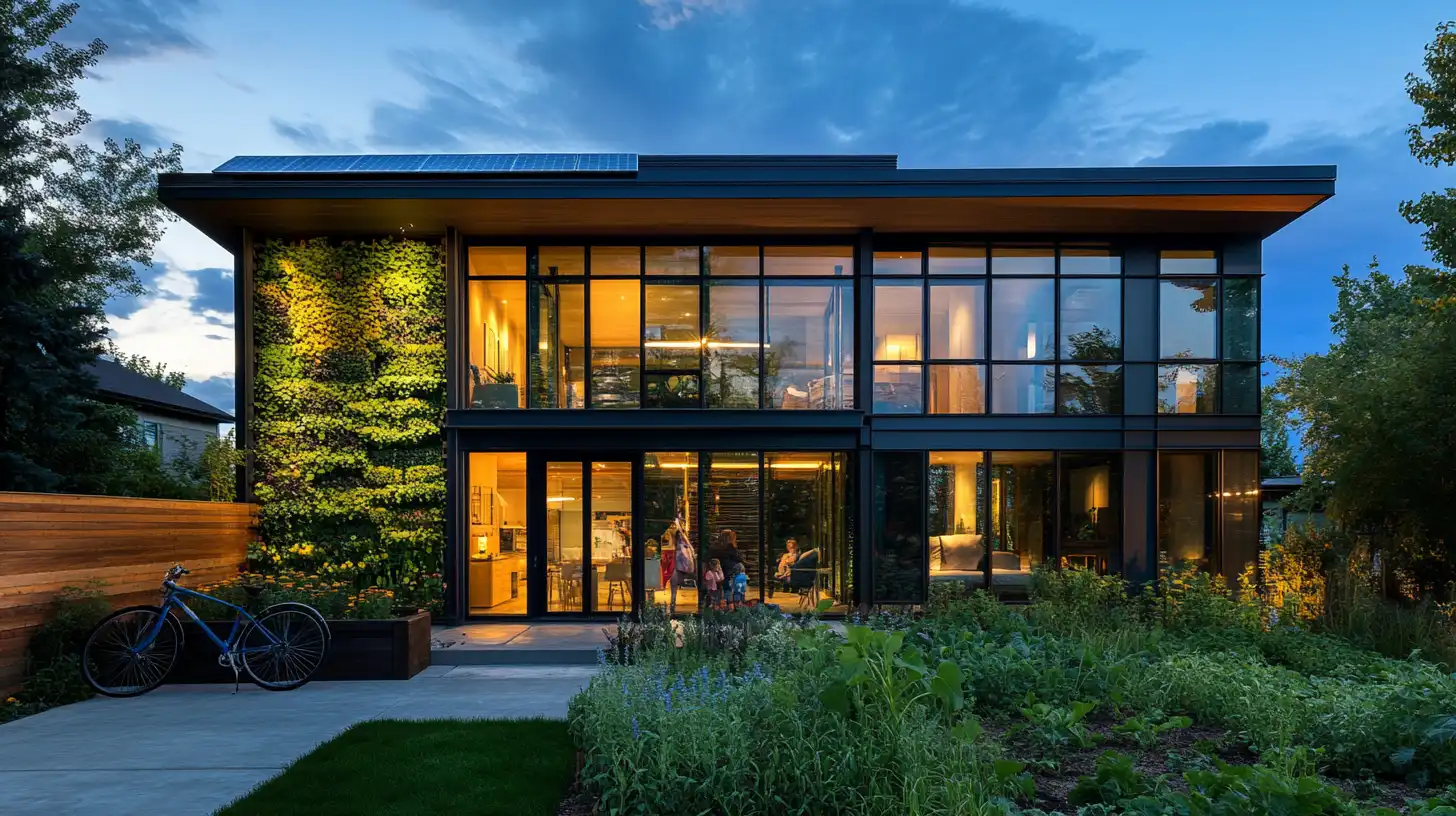 A modern sustainable home at twilight demonstrating green architecture principles in practice