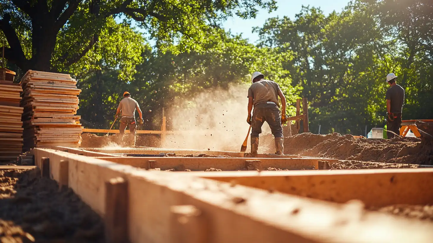 A diverse team of builders constructing a sustainable building with eco-friendly materials