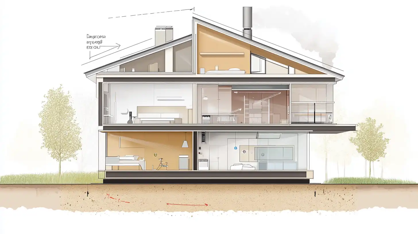 Cross-section cutaway illustration showing building orientation and solar gain strategies