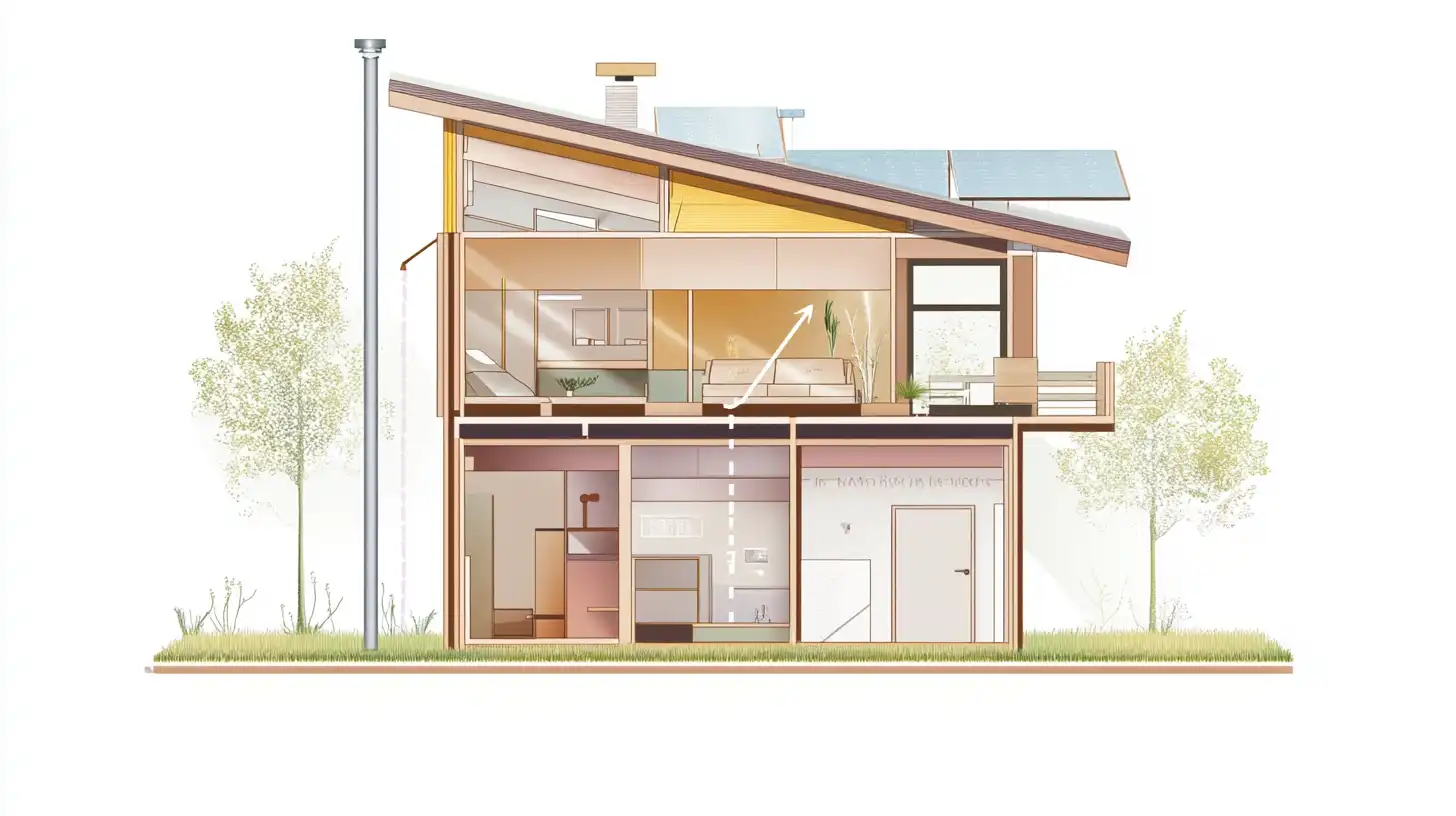Cross-section cutaway illustrating thermal mass and insulation working together in a sustainable home