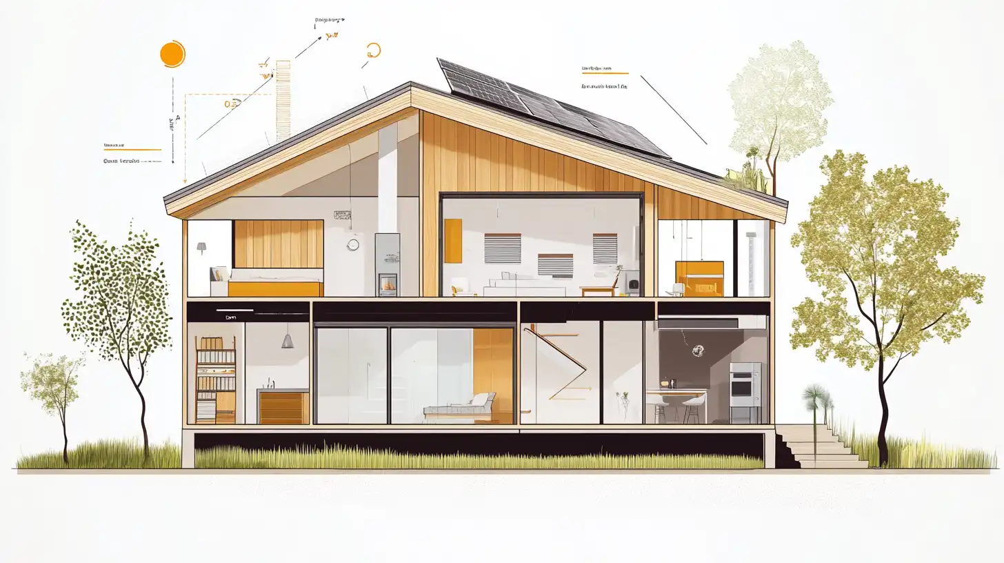Cross-section cutaway showing energy-efficient building systems and insulation layers