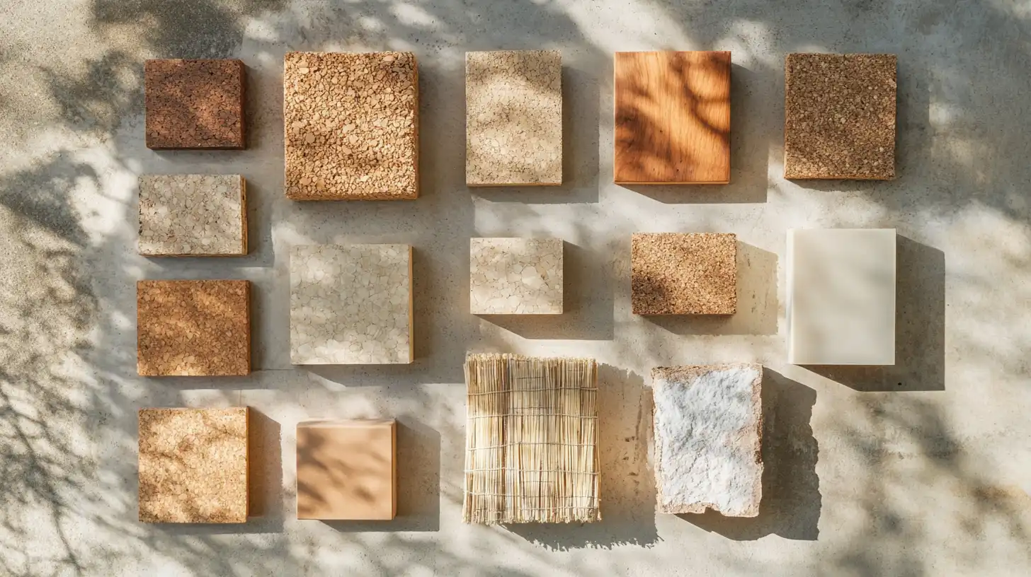 Overhead flat lay of sustainable building materials including reclaimed wood, bamboo, and recycled elements