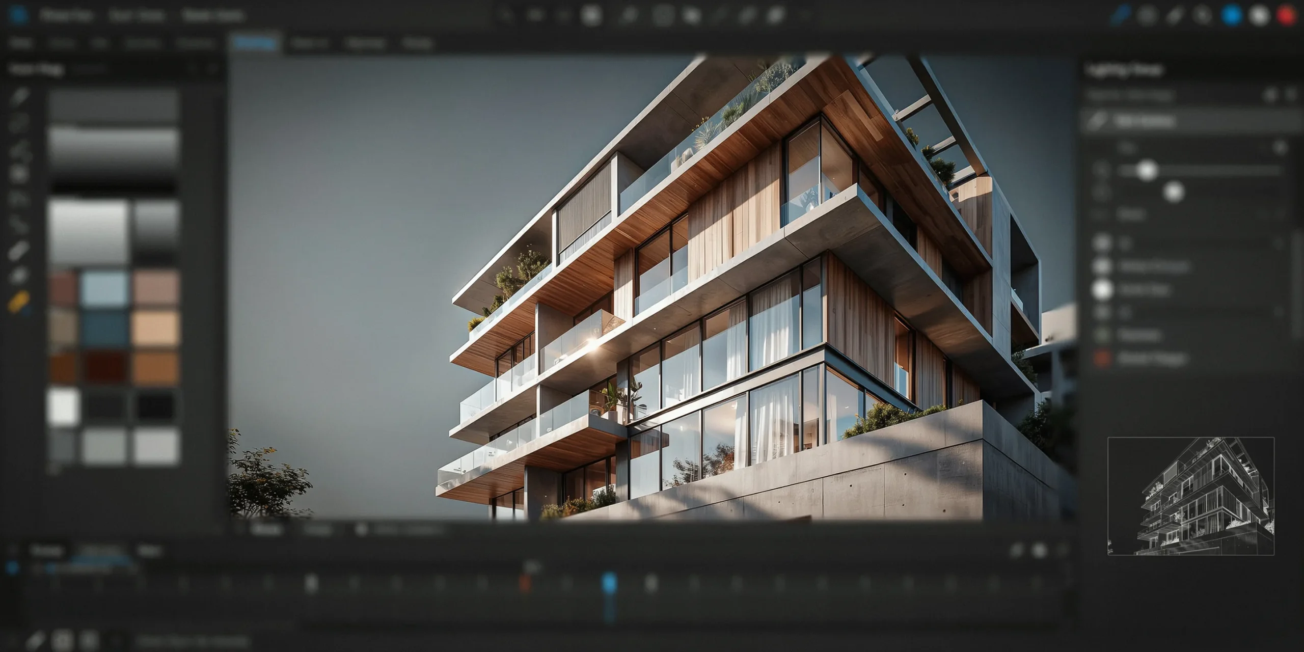 3D architectural rendering software interface showing geometry and lighting setup