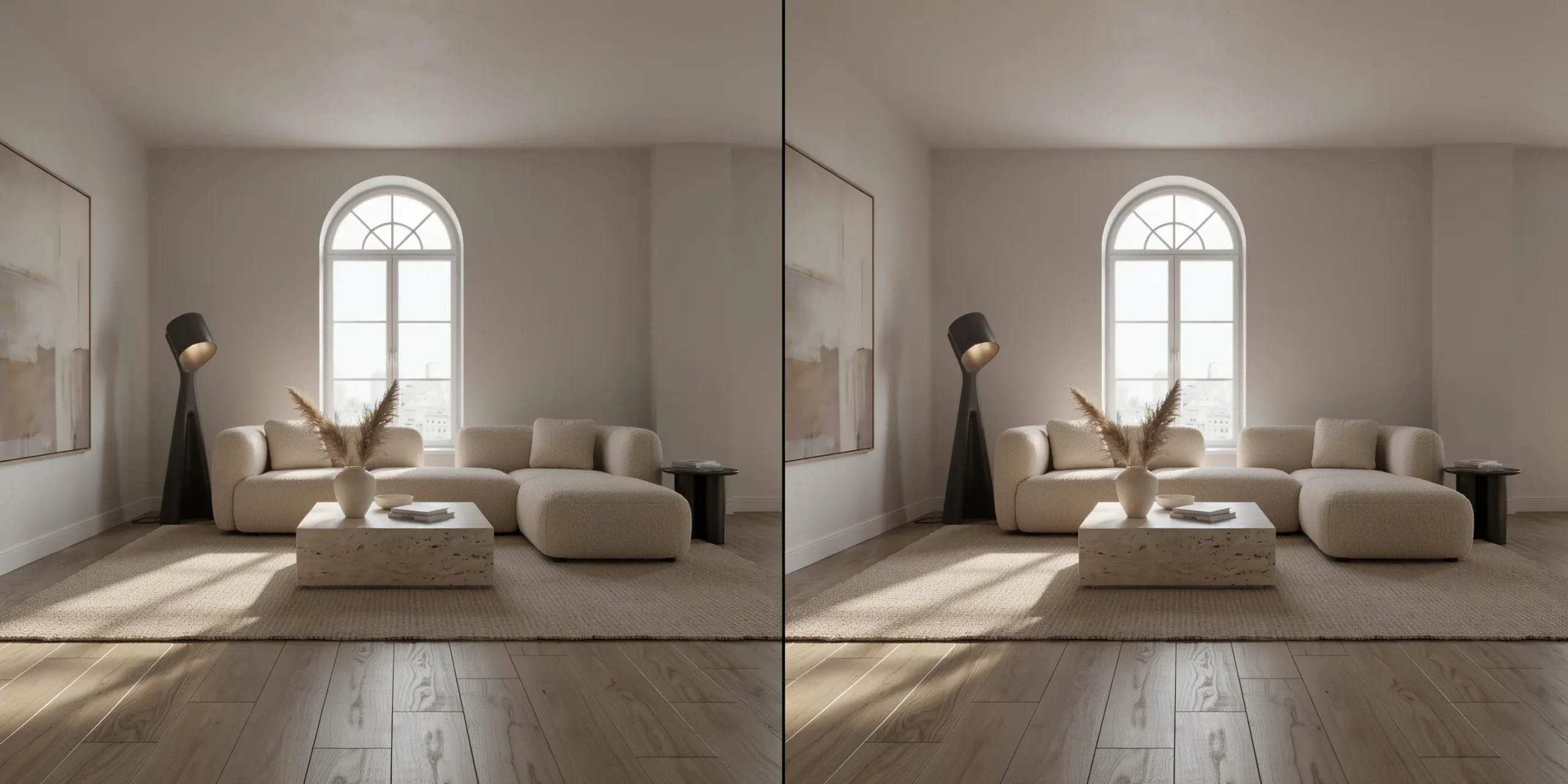 Side-by-side comparison of architectural renderings in V-Ray and Corona showing lighting differences.