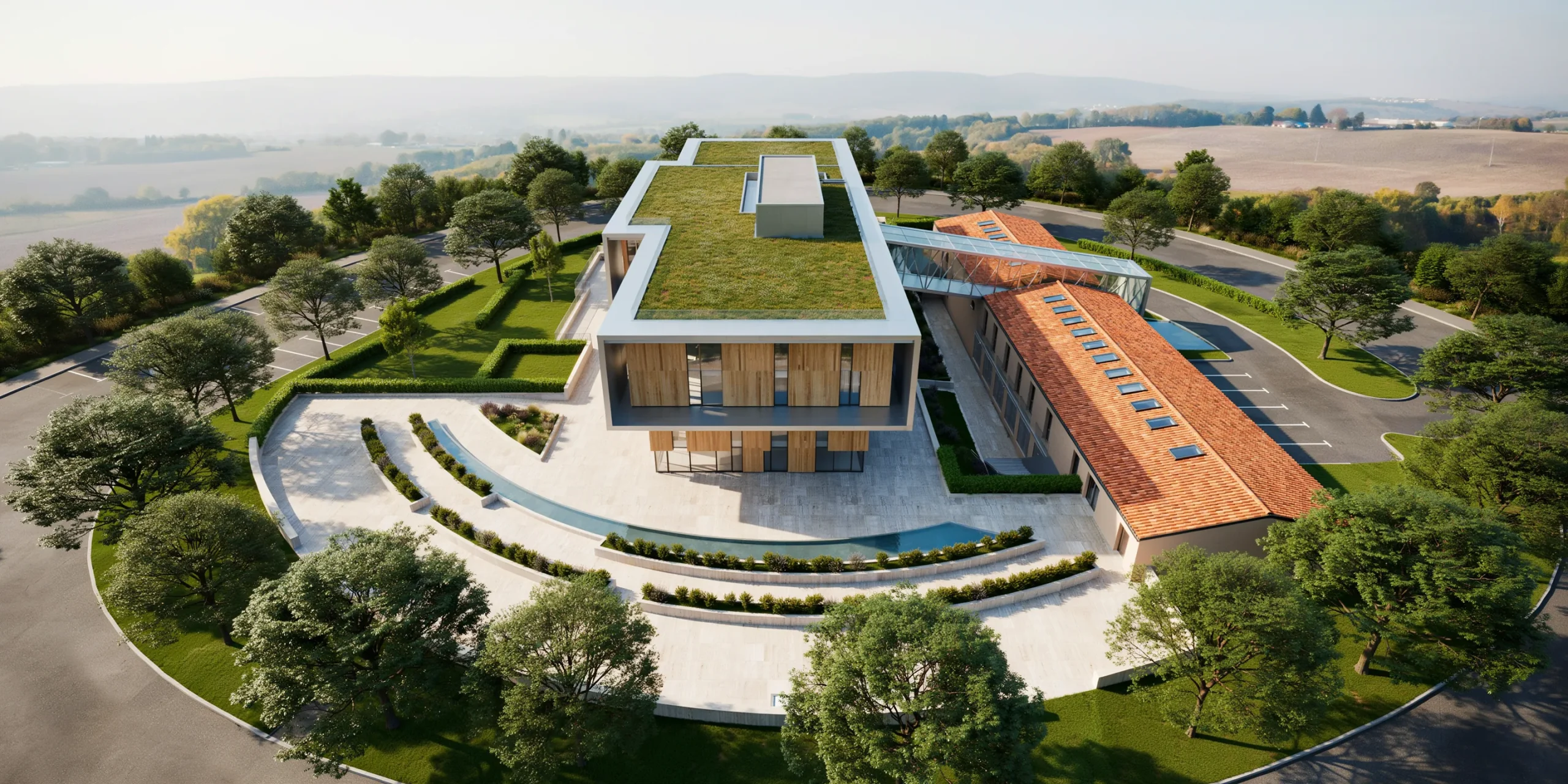 Computer-generated aerial architectural rendering depicting a building from above, showcasing spatial relationships.