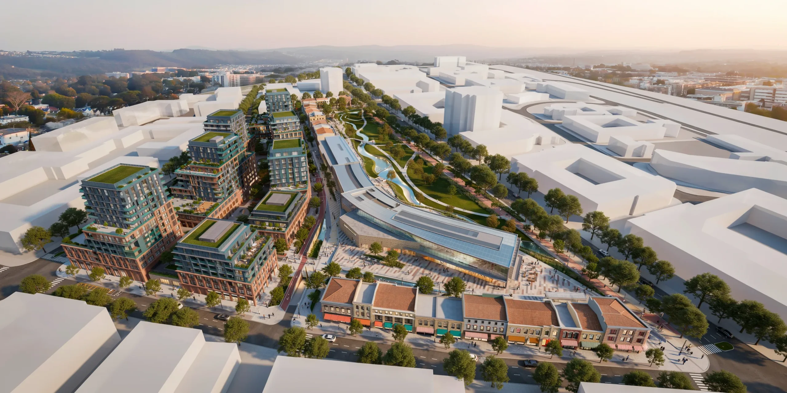 Aerial view of an architectural project, illustrating width and spread from a high vantage point.
