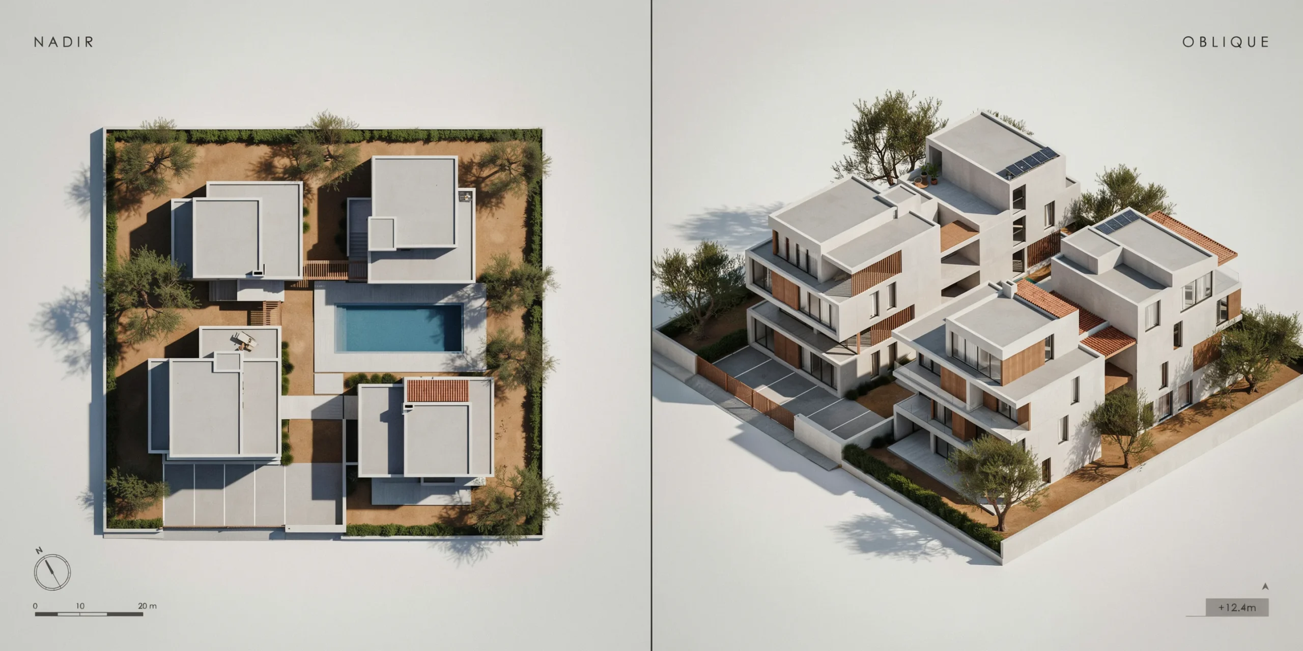 Comparison of nadir and oblique aerial camera angles in architectural rendering.