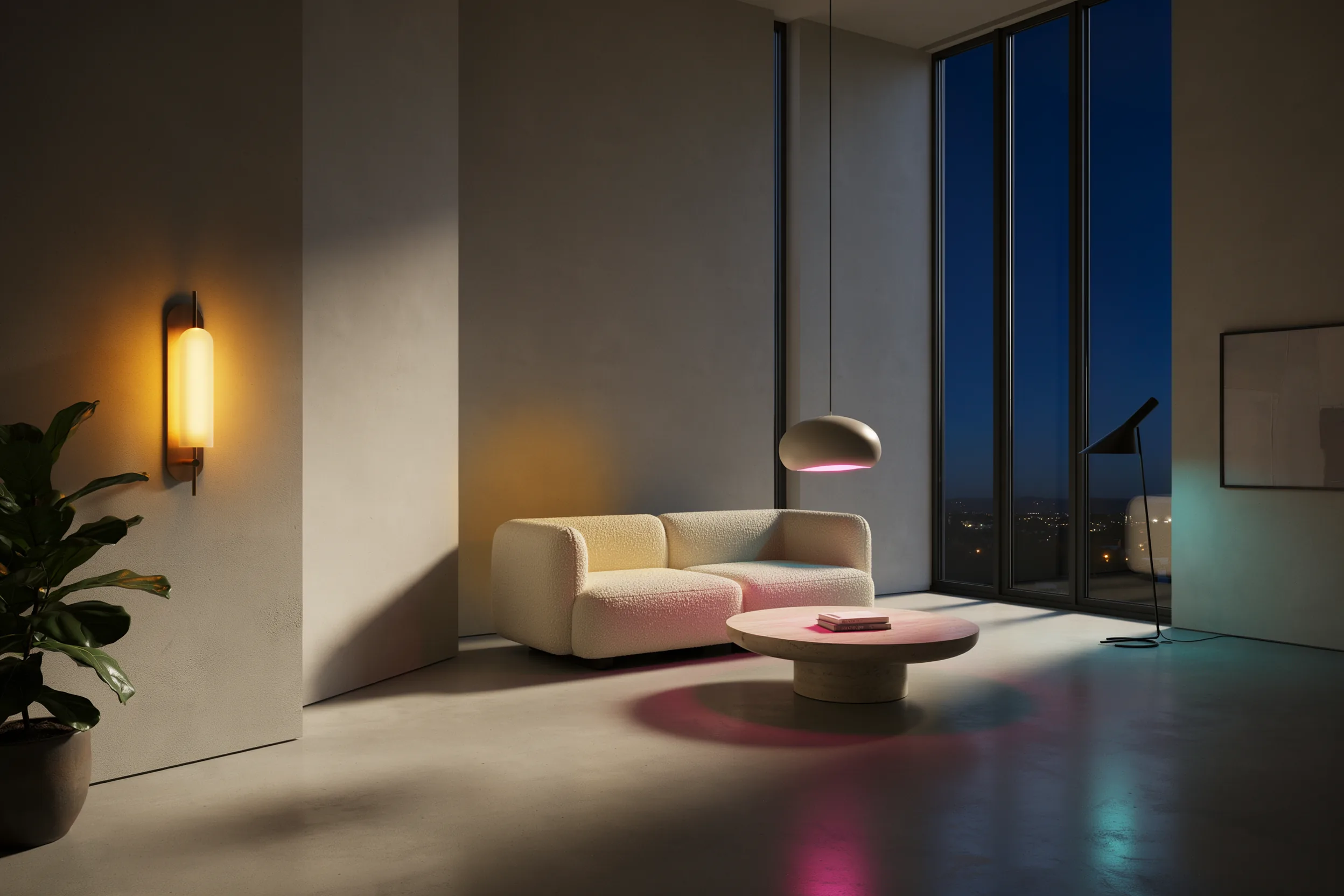 Night render of an architectural scene highlighting complex lighting effects.