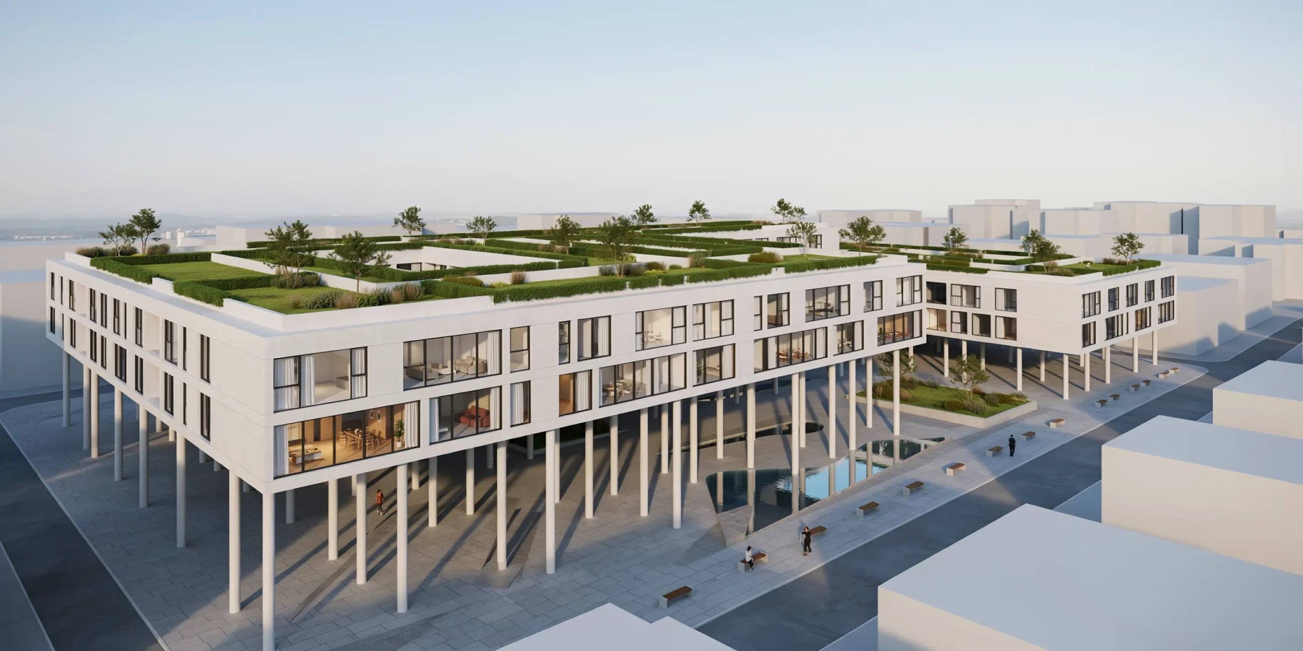 Artistic representation of Le Corbusier's Five Points of Architecture in a modern urban landscape.