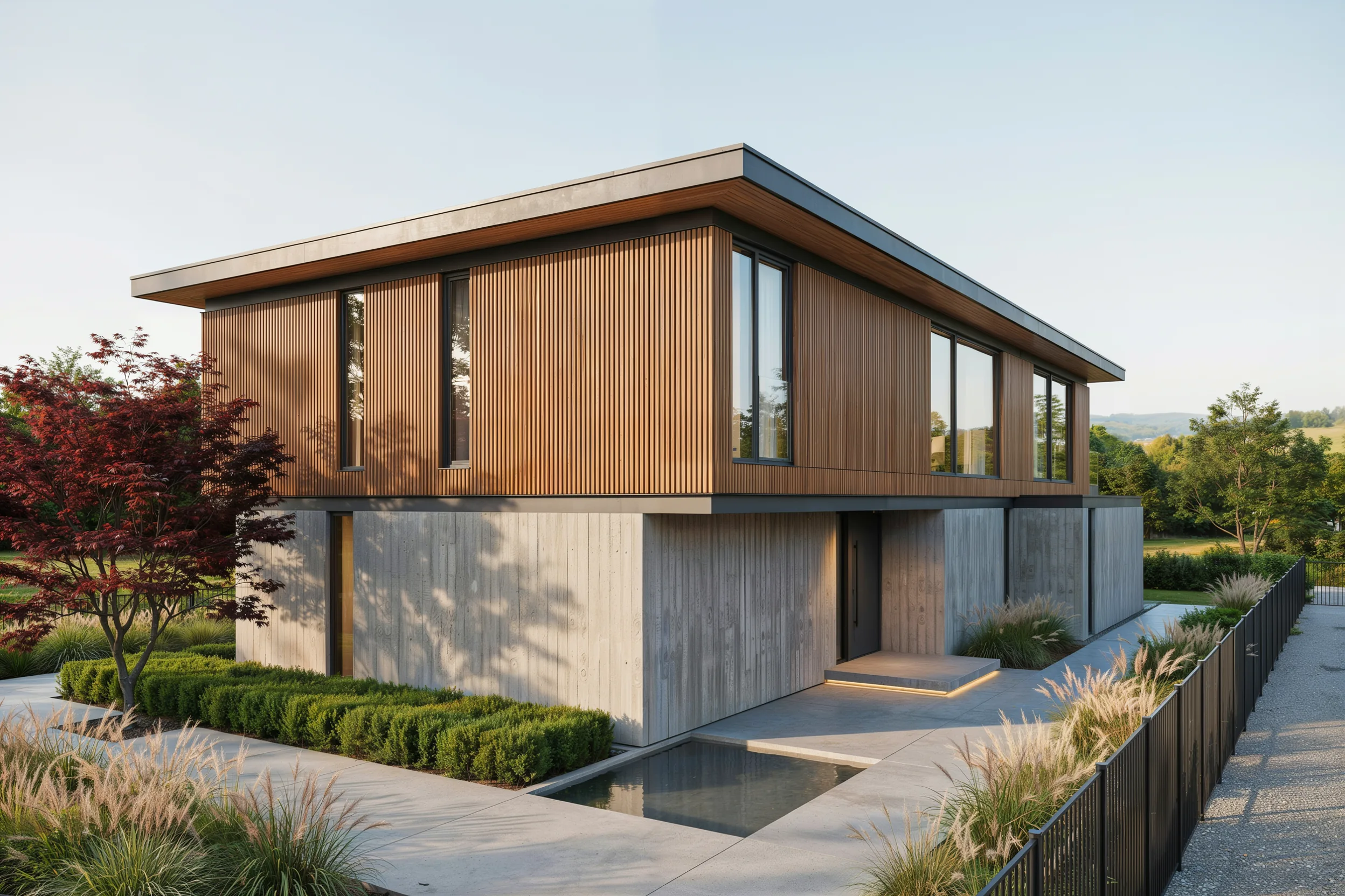 Exterior architectural rendering of a modern house with detailed landscaping.