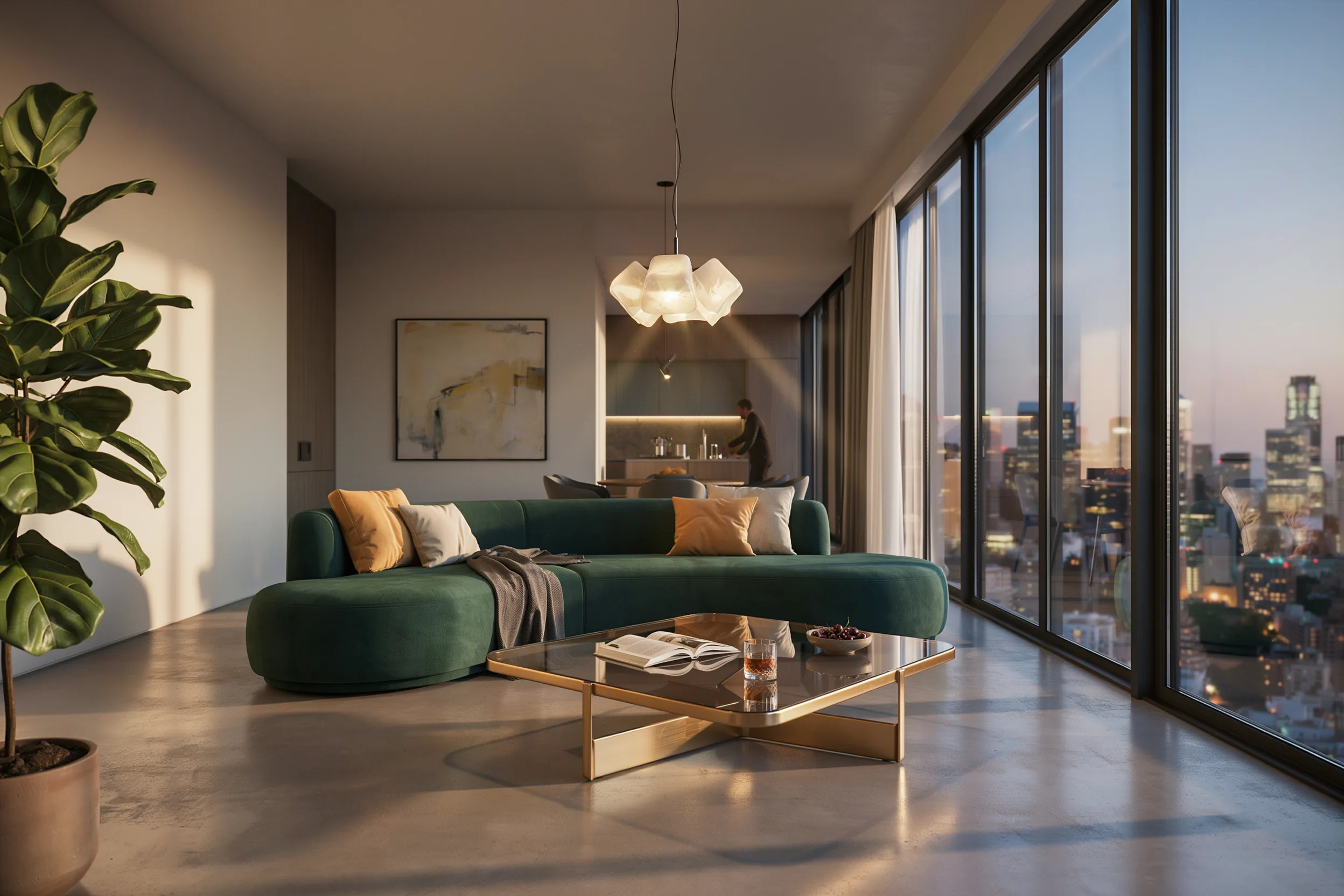 Dynamic still frame from a 3D animation walkthrough of an architectural interior.