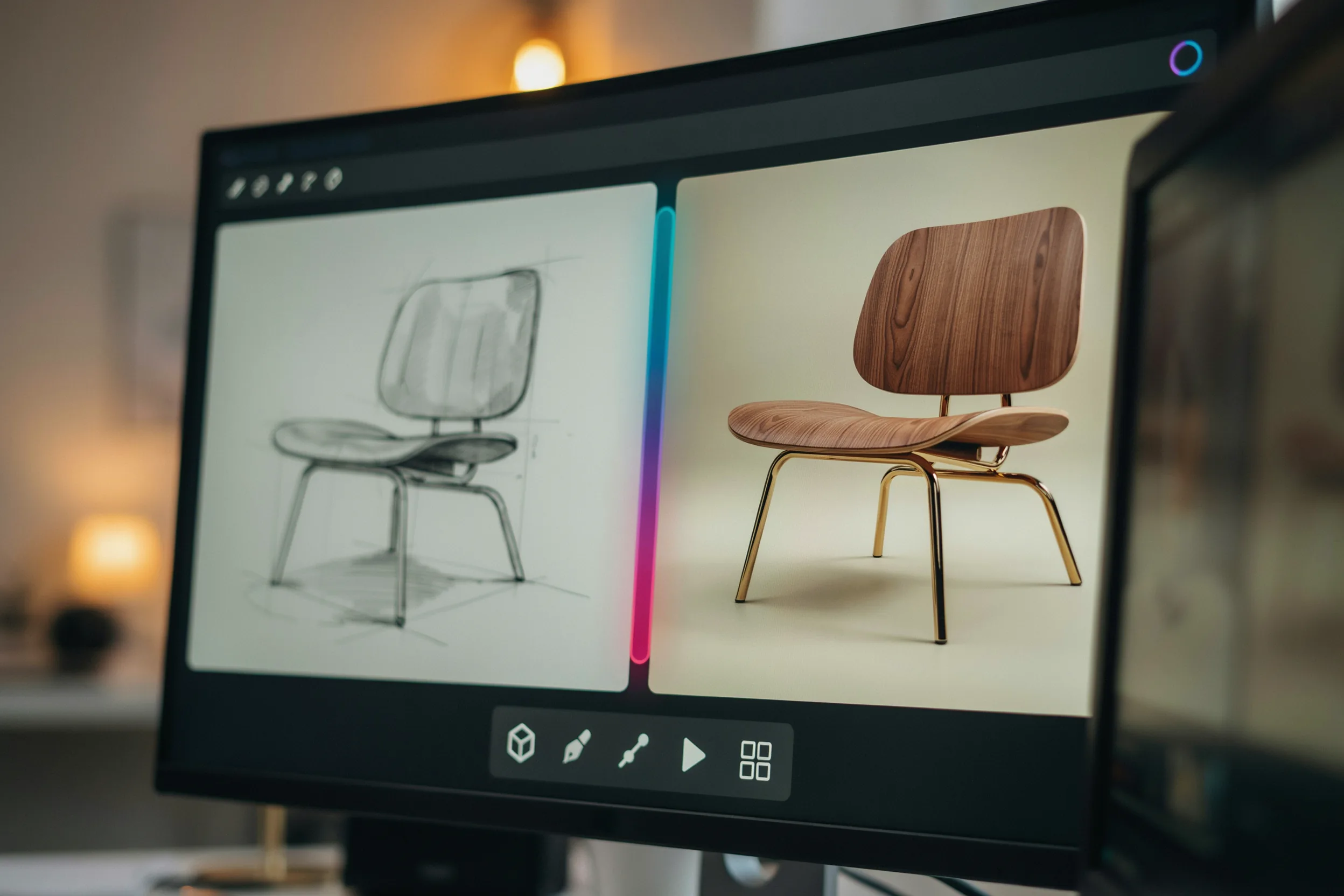Digital screen displaying AI rendering platform interface with photorealistic outputs.