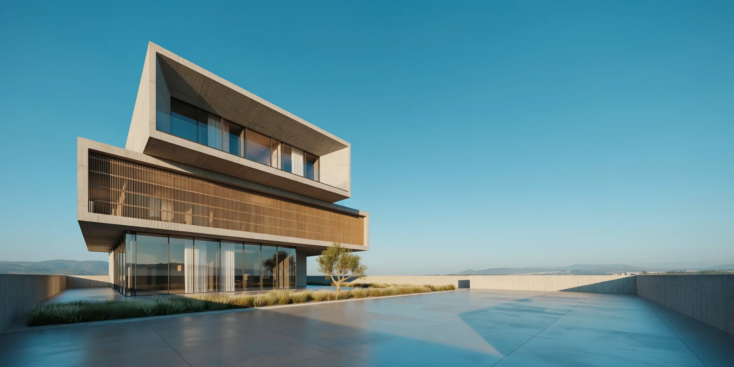 3D architectural rendering with low sun angle and long shadows