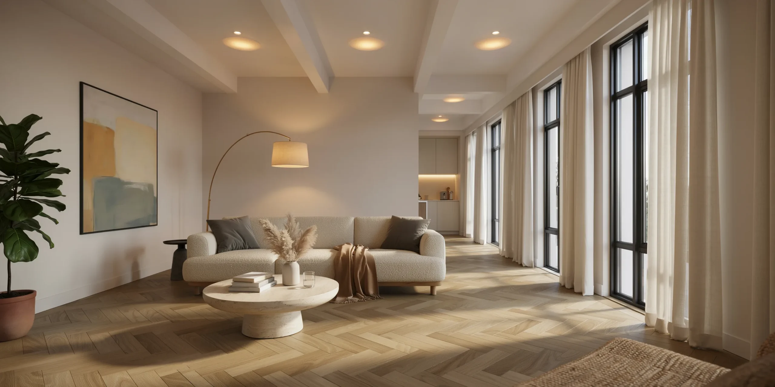Interior architectural rendering with daylight and artificial lighting