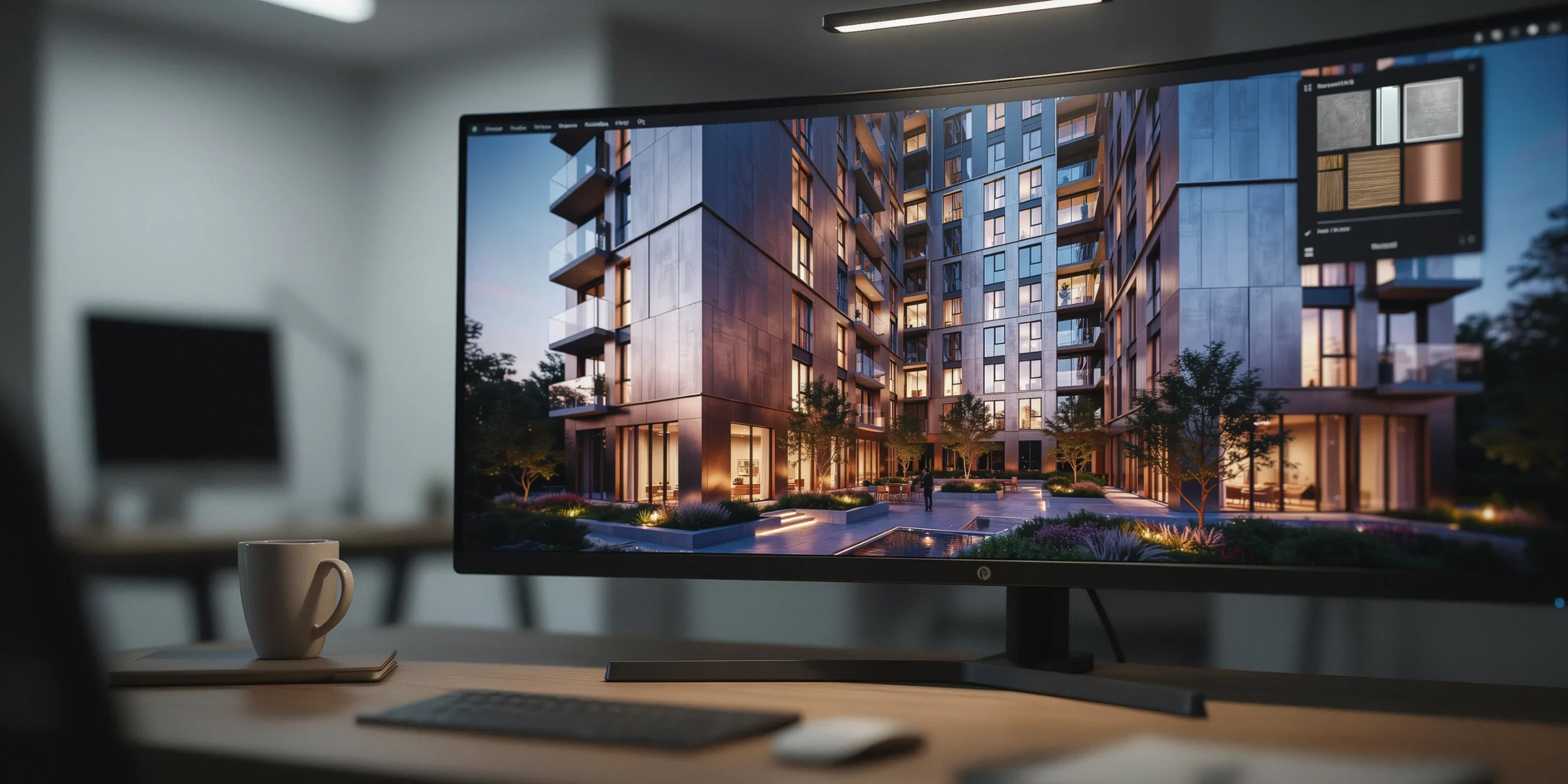Detailed view of an architectural model on a computer screen with material and lighting setups