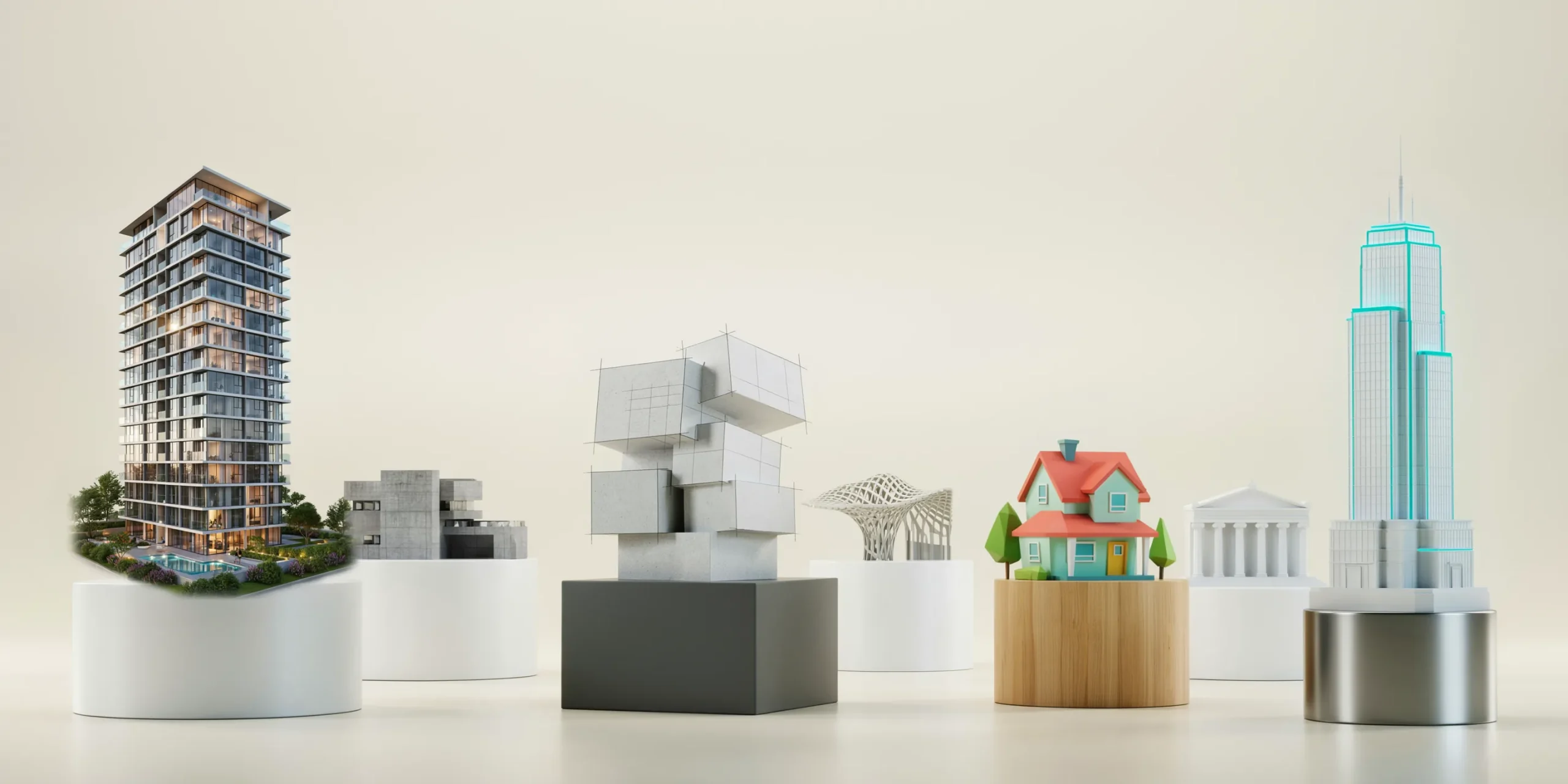 Various types of 3D architectural renderings displayed on pedestals