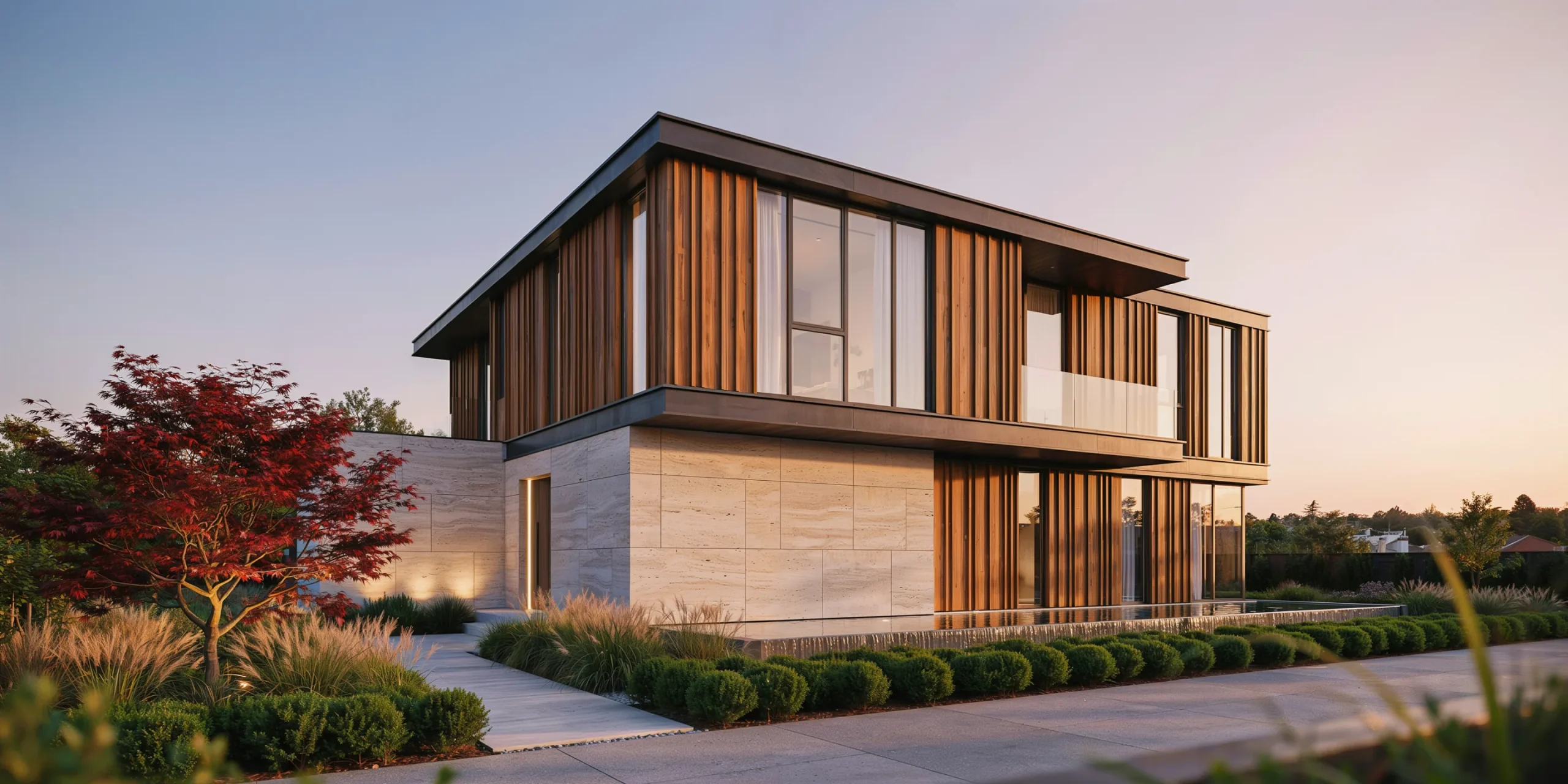 Luxury residential building exterior rendering at sunset showcasing facade materials