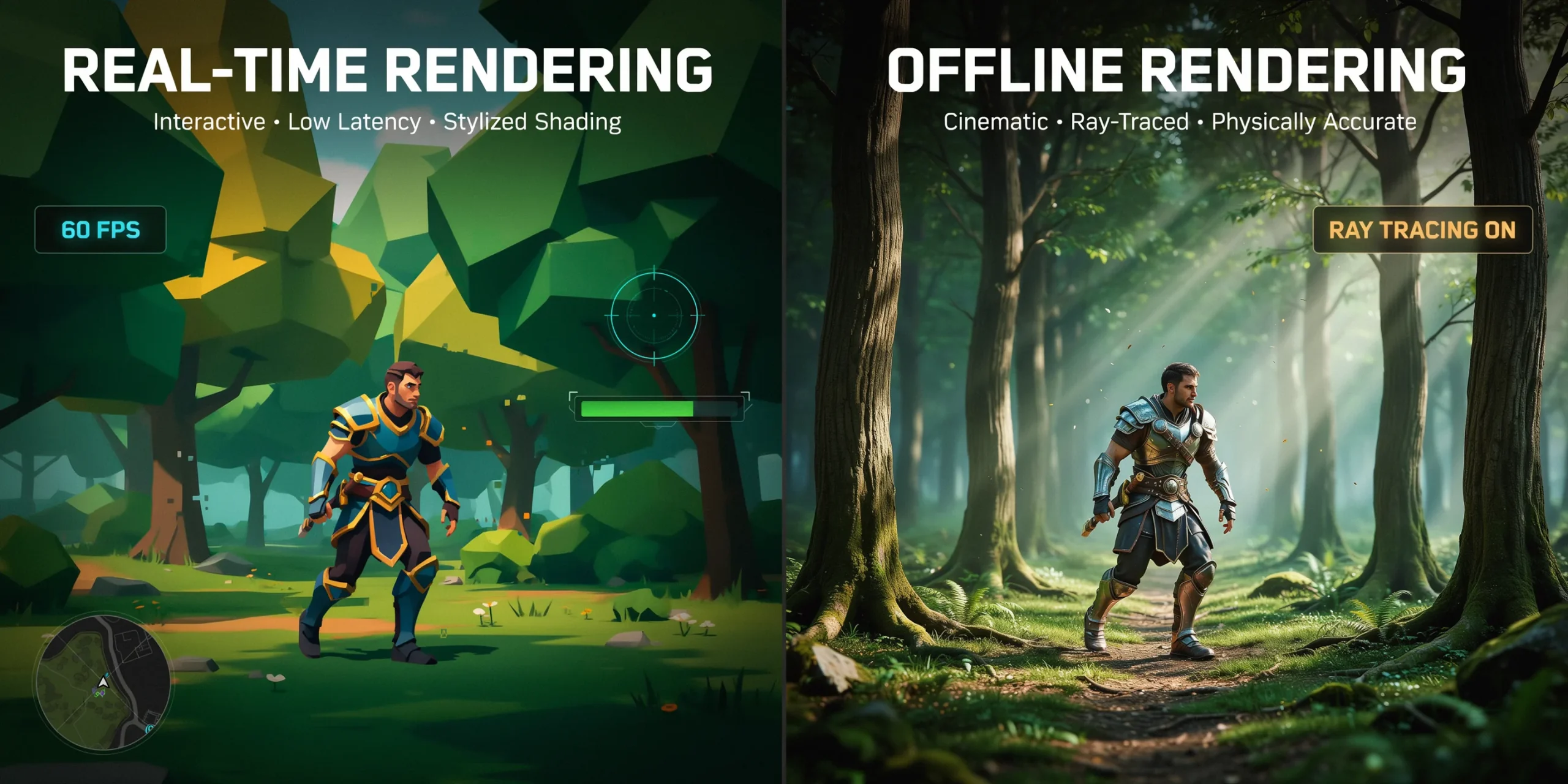 Comparison of real-time rendering and offline rendering outputs in architecture.