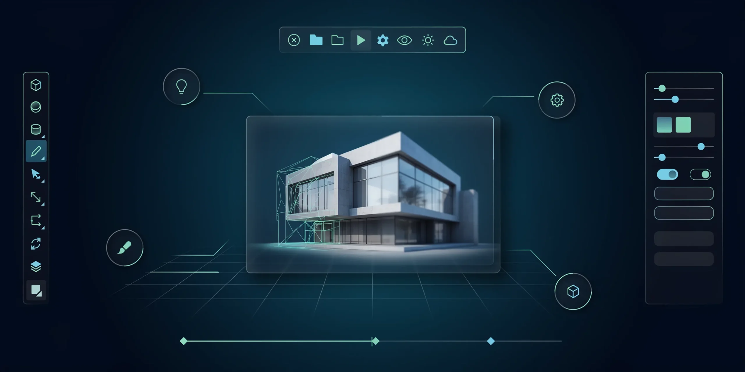 Close-up of an architectural rendering software interface showcasing its features.