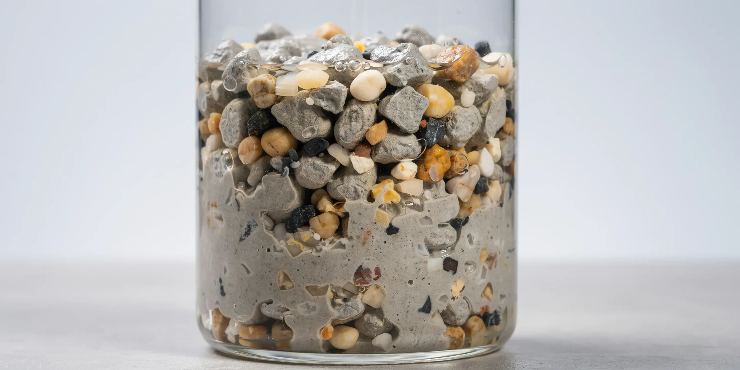 Close-up of concrete mix components including cement and aggregates in a container