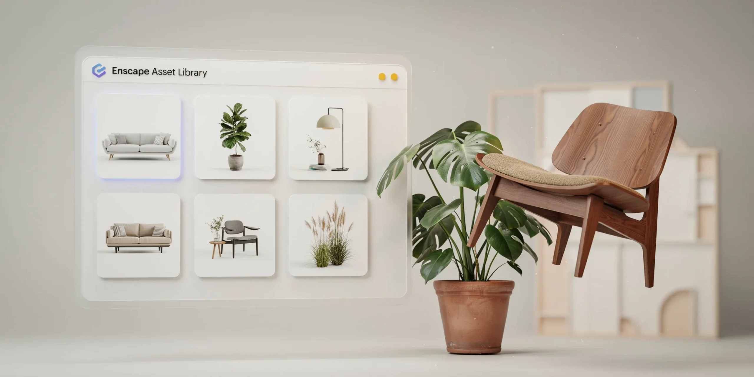 Enscape Asset Library interface featuring 3D models of furniture and plants