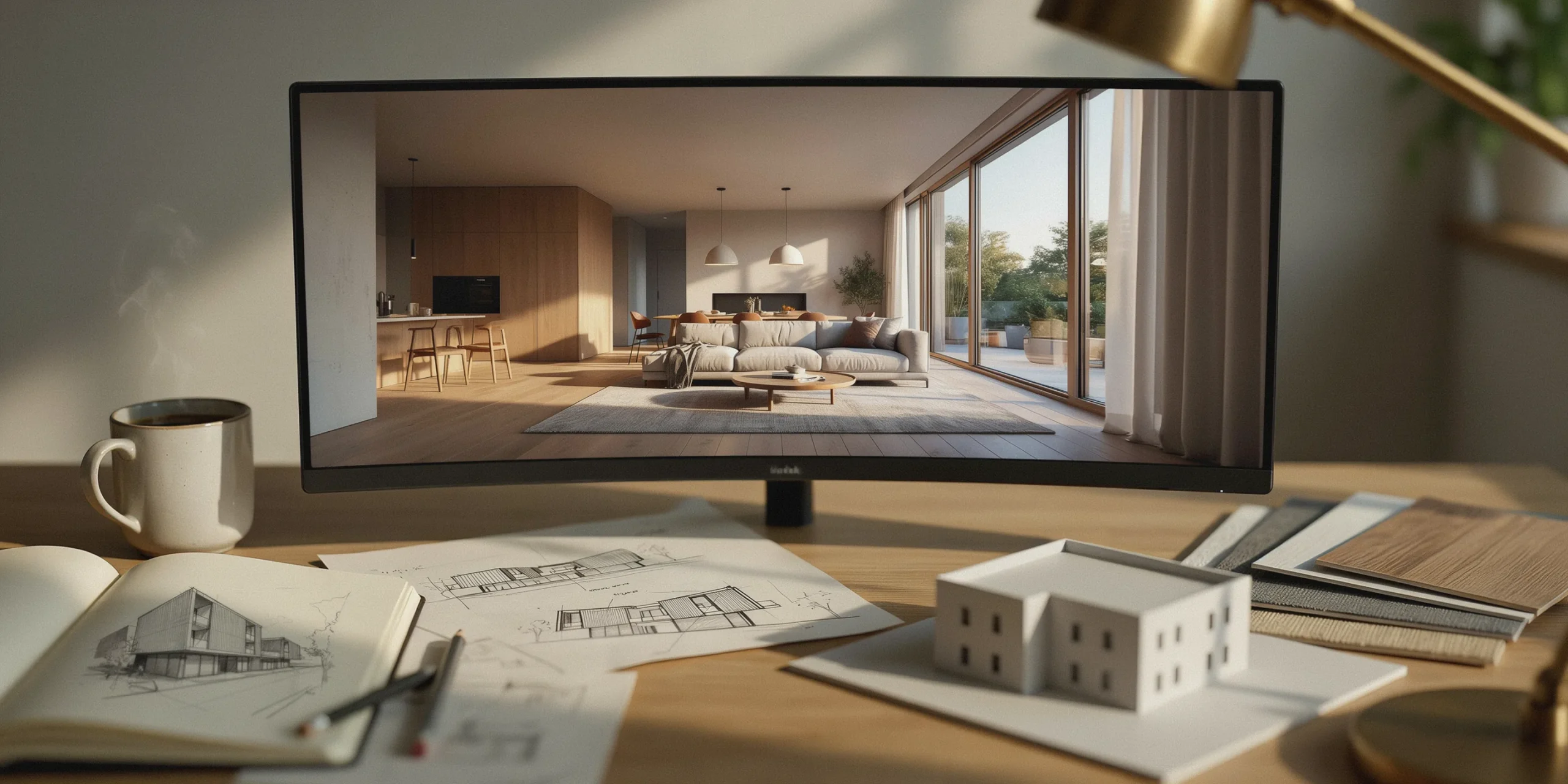 Computer screen showcasing an architectural rendering highlighting good free render software features