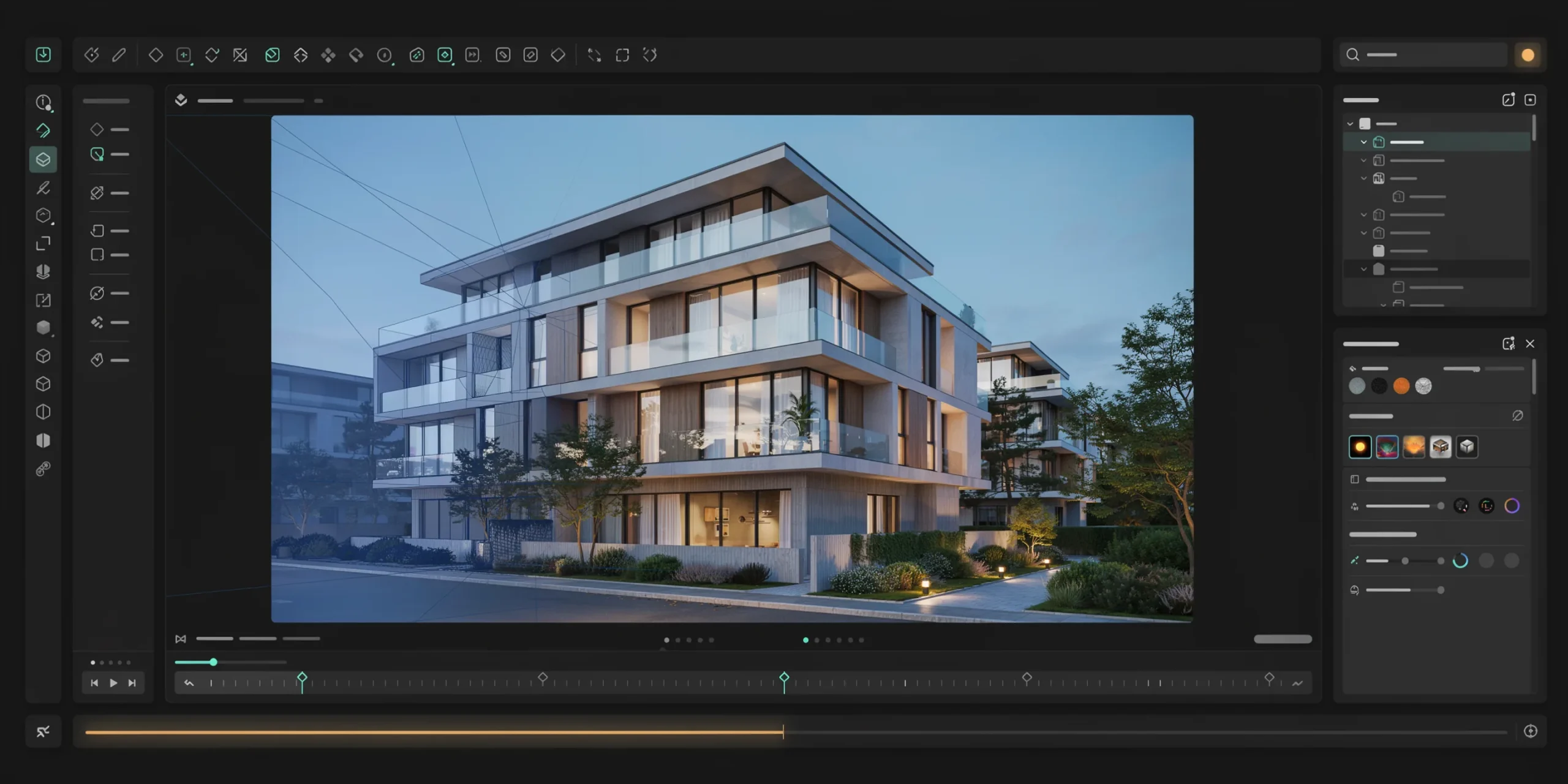 Blender interface displaying a 3D architectural model being rendered