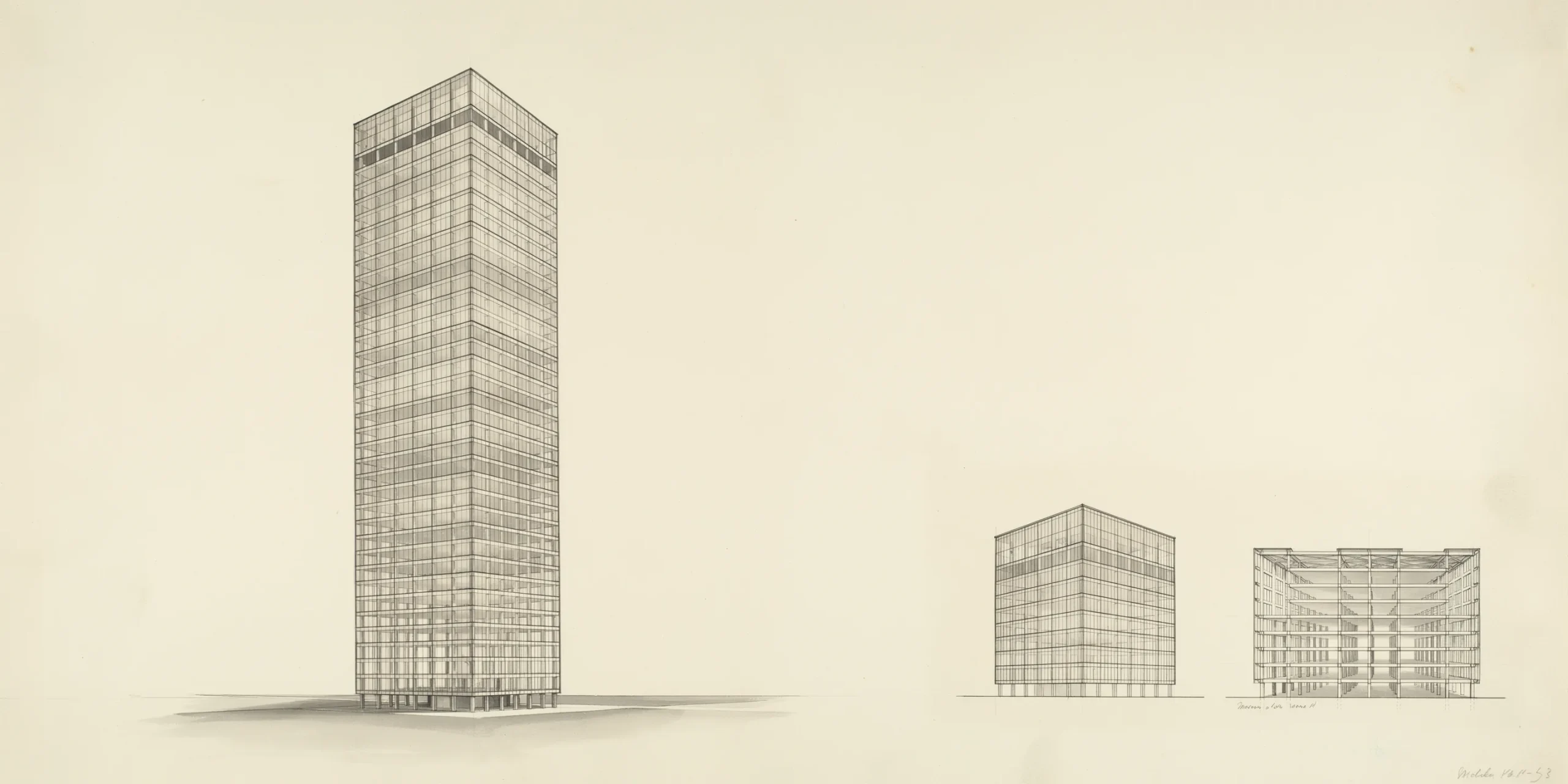 Artistic rendering of Mies van der Rohe's glass skyscraper proposal from the 1920s.