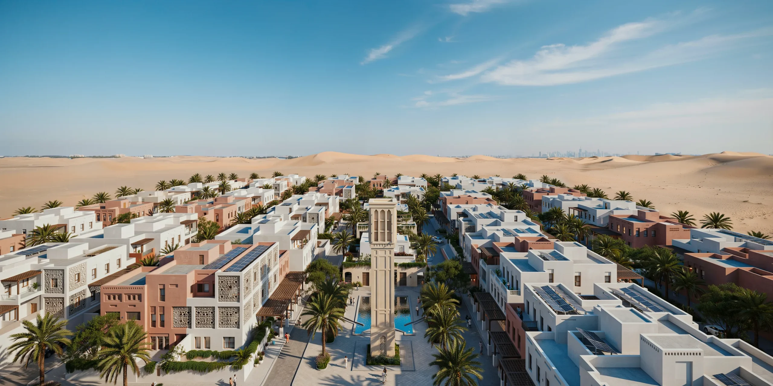 3D rendering of Masdar City highlighting passive design in hot climates