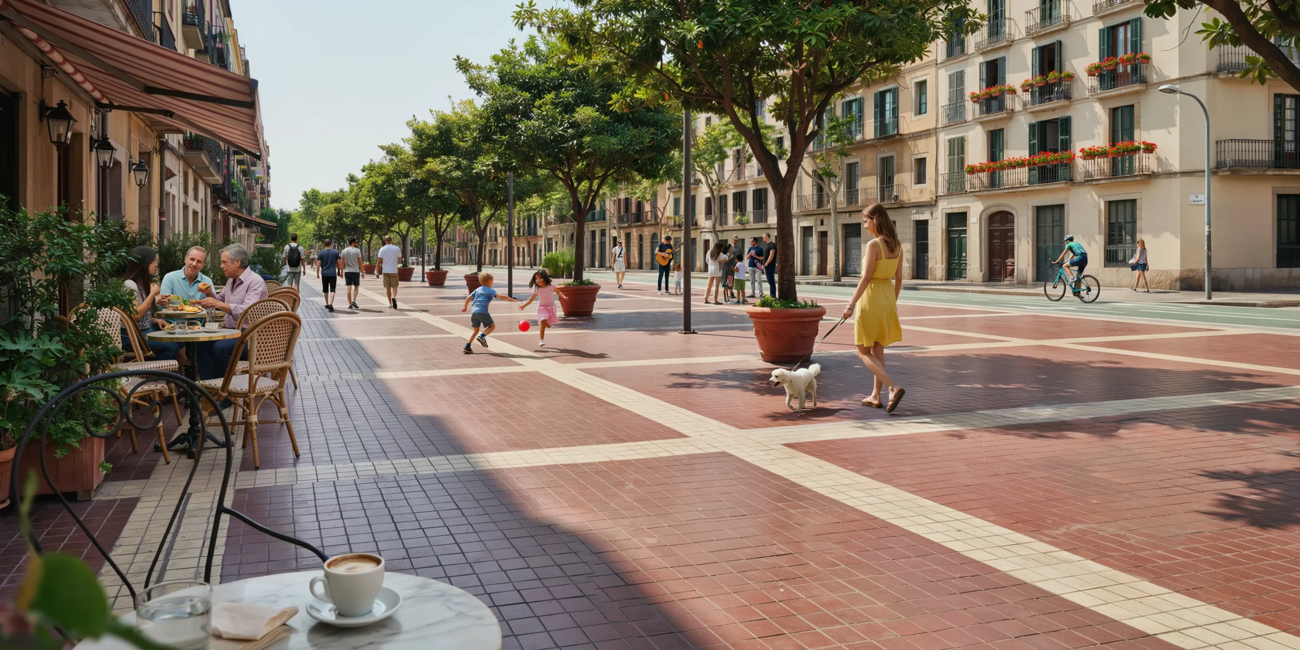 Street scene in Barcelona's superblock emphasizing pedestrian-friendly urban design