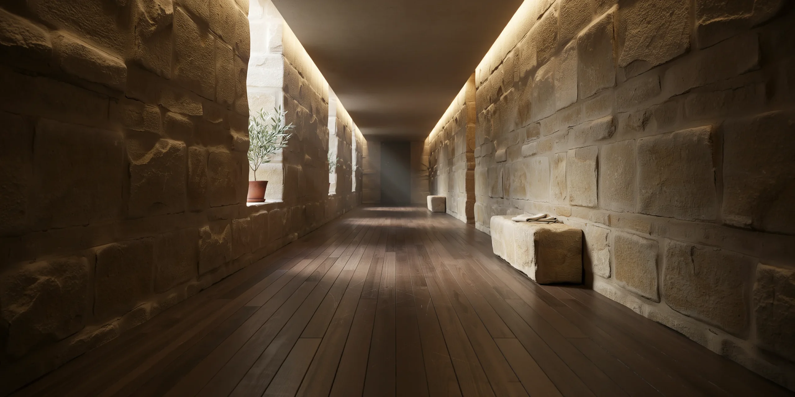 Descending corridor in a memorial, illustrating the emotional journey of visitors.