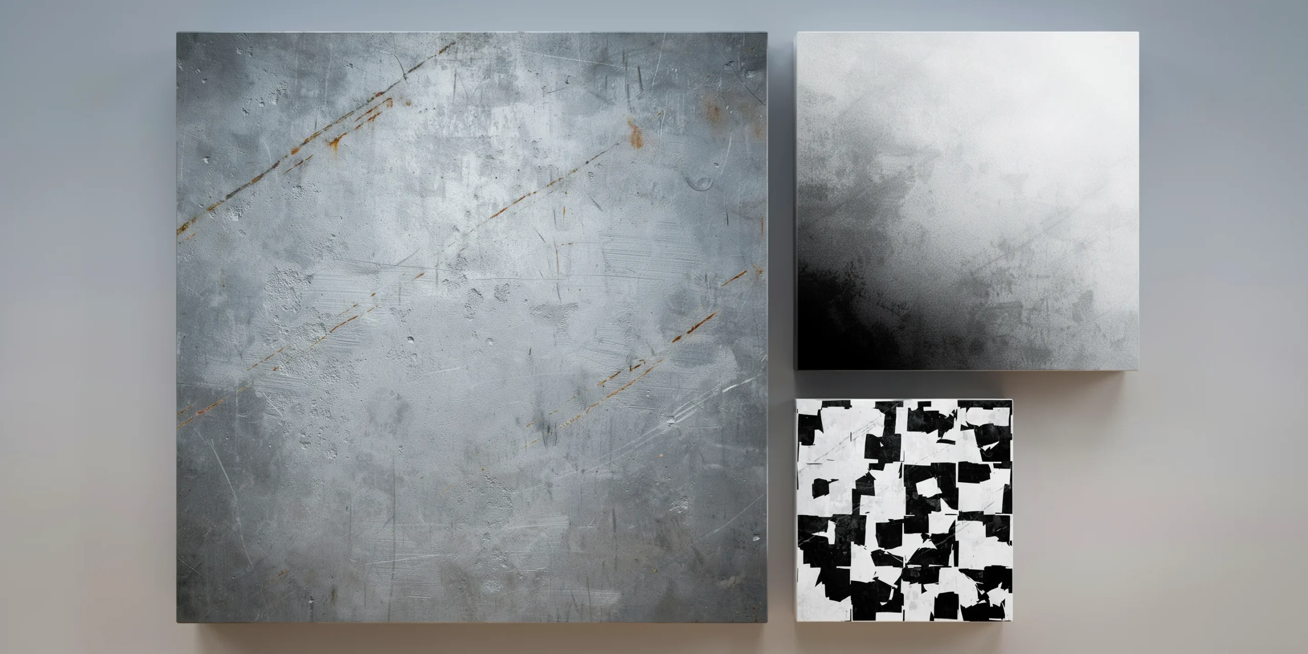 Sample sheet of PBR material texture maps showing base color, roughness, and metallic values.