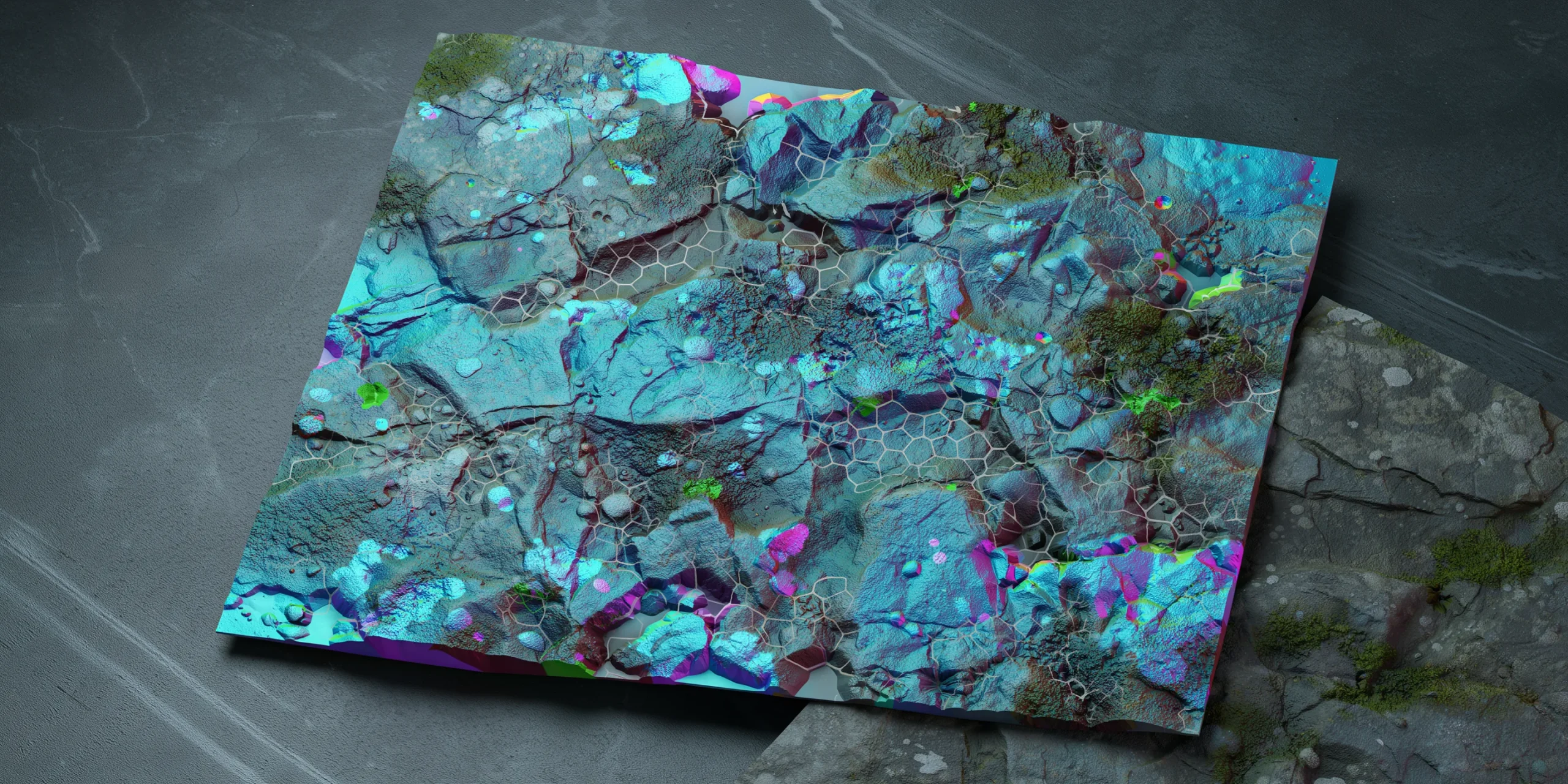 Close-up of a PBR normal texture map showcasing surface relief details.