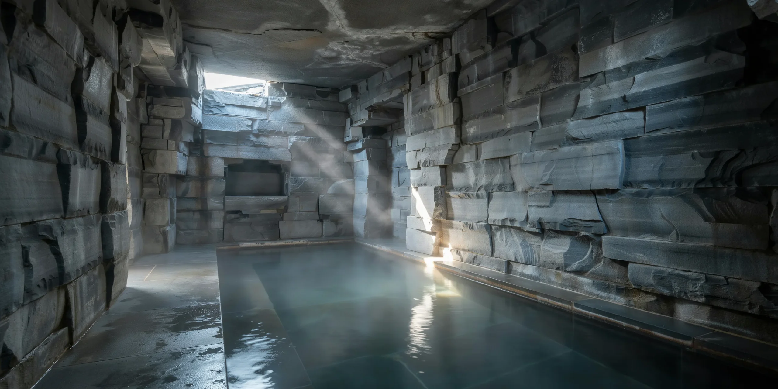 Interior view of the stone-lined chambers at Peter Zumthor's Thermal Baths in Vals.