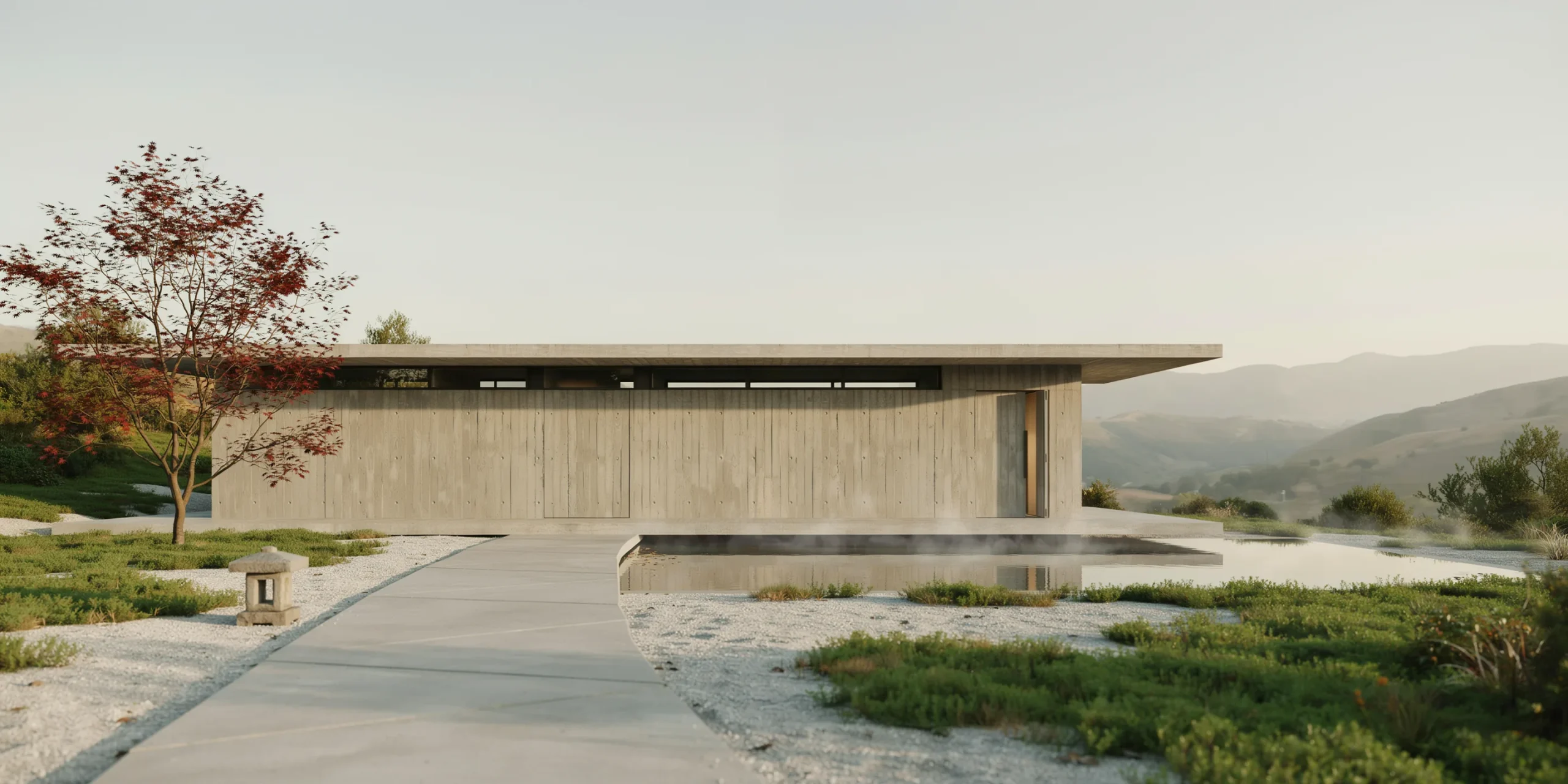 A serene building exemplifying quiet memorable architecture in a tranquil setting.