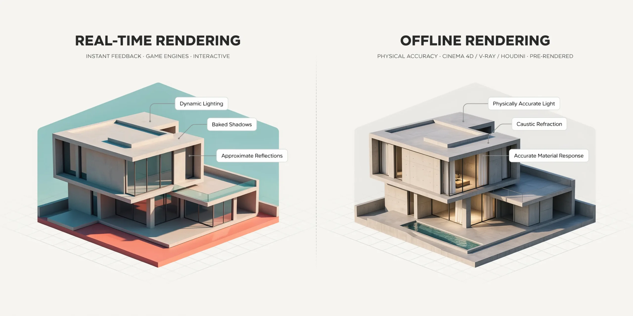 Isometric diagram comparing real-time and offline rendering in architecture