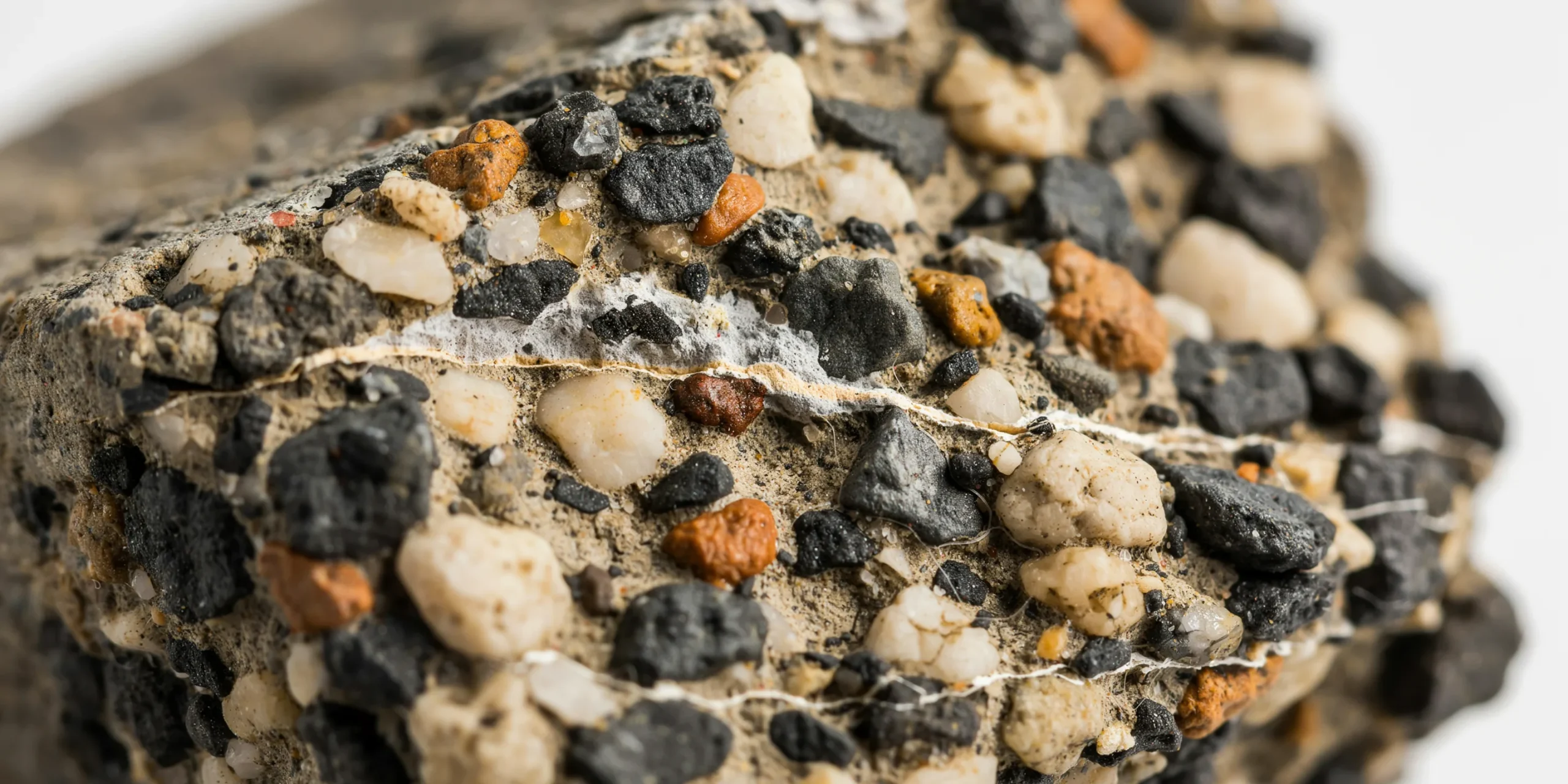 Macro view of Roman concrete highlighting volcanic ash and lime mixture.