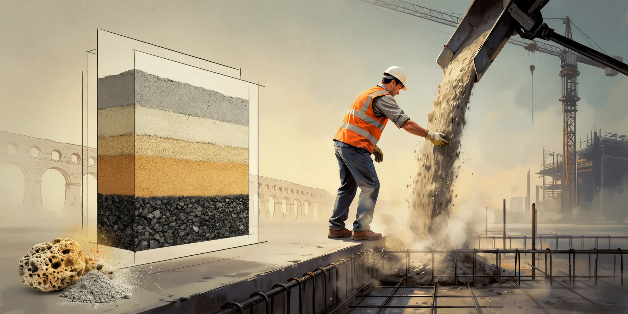 Illustration of modern pozzolanic concrete mix inspired by Roman techniques.