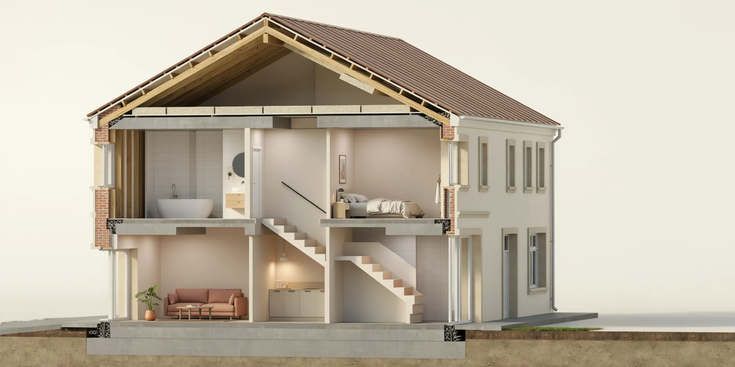 Close-up of a section perspective render showing slab thickness and wall build-ups
