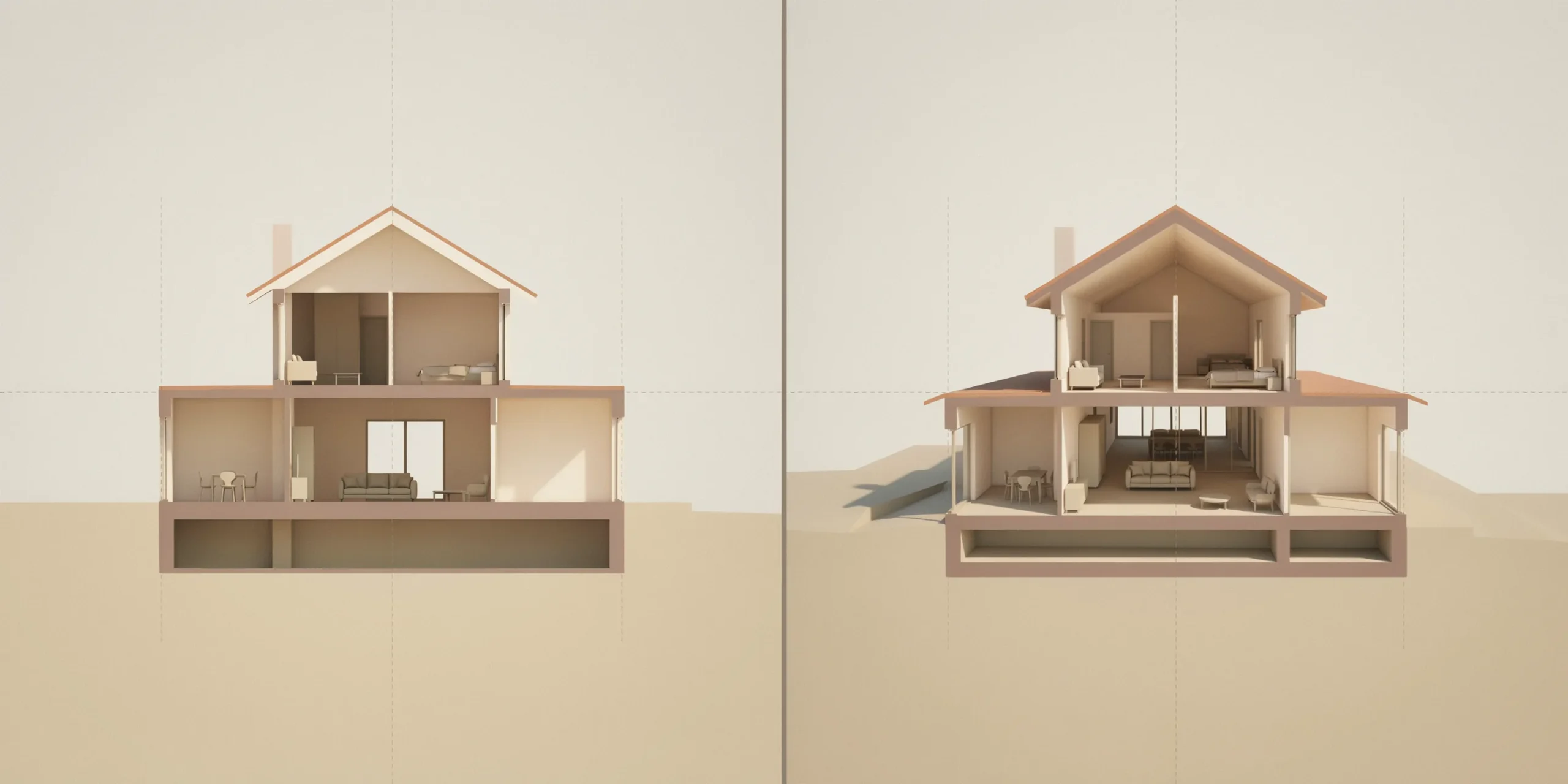 Comparison of standard section and sectional perspective render highlighting depth differences