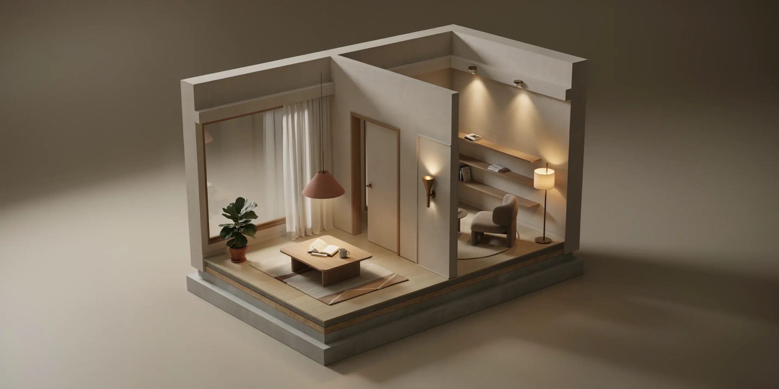 Lighting setup for a section perspective render showing contrast between light and dark areas
