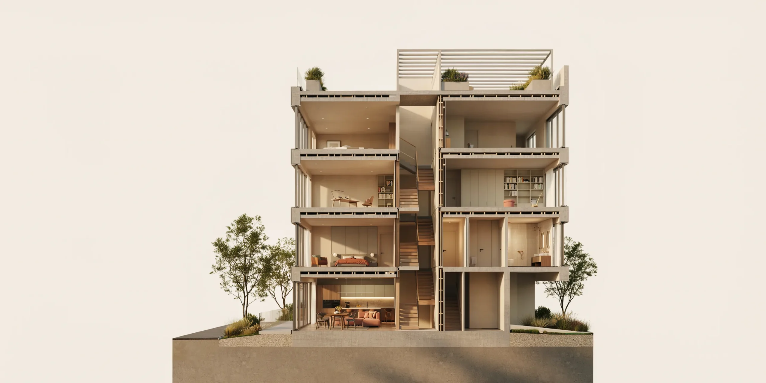 A section perspective render displaying interior spaces and structural details of a building