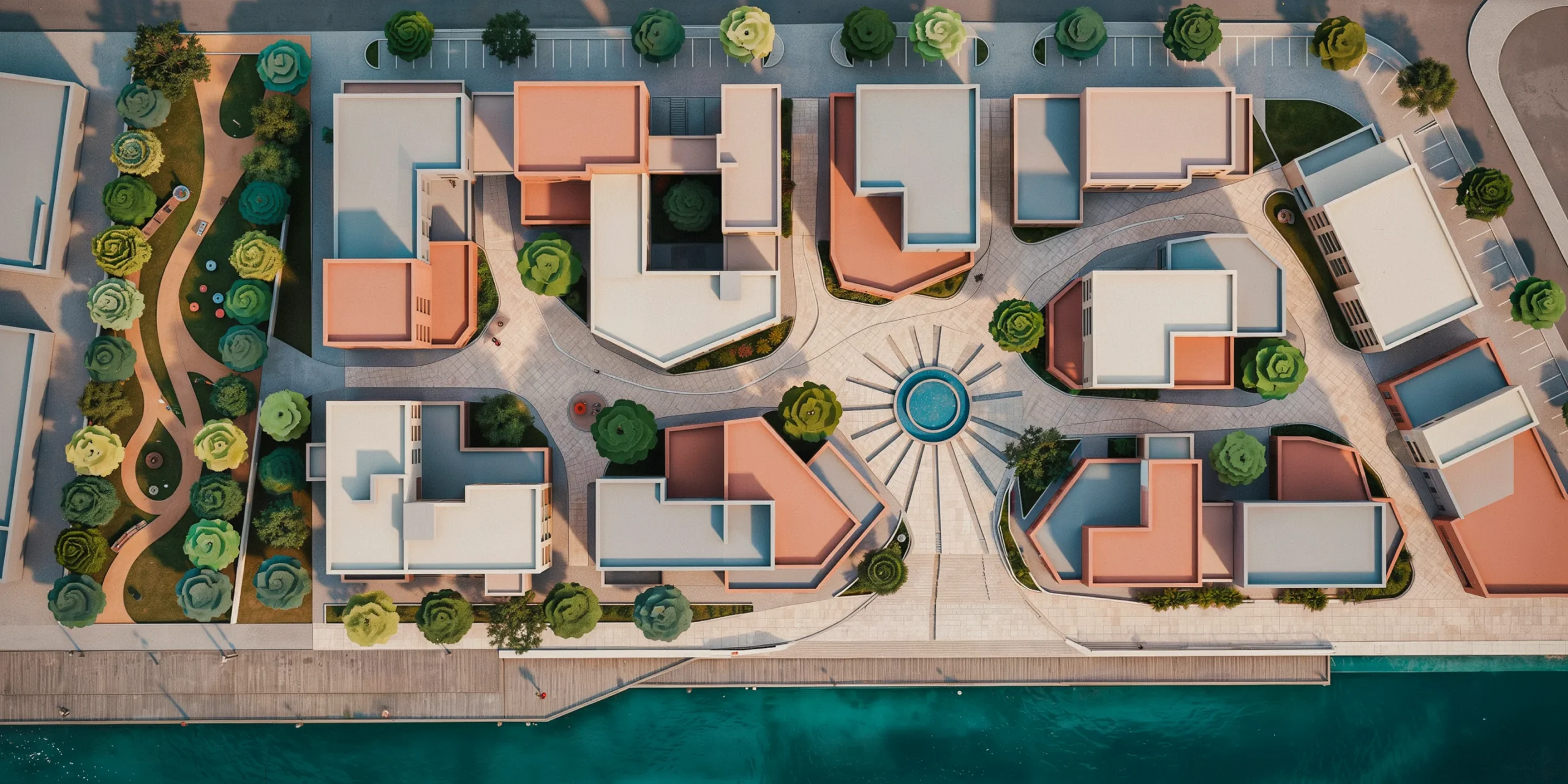 Close-up of a site plan rendering showing colors and textures of buildings and landscaping