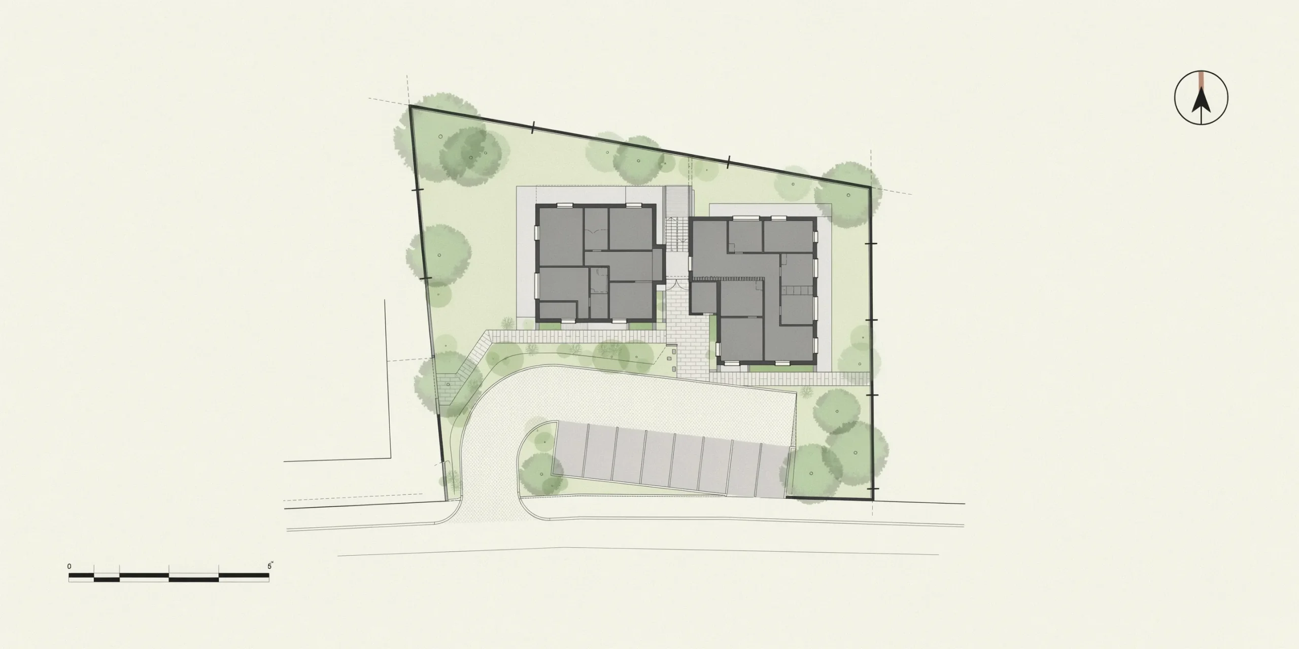 Site plan rendering with north arrow and graphic scale for presentation clarity