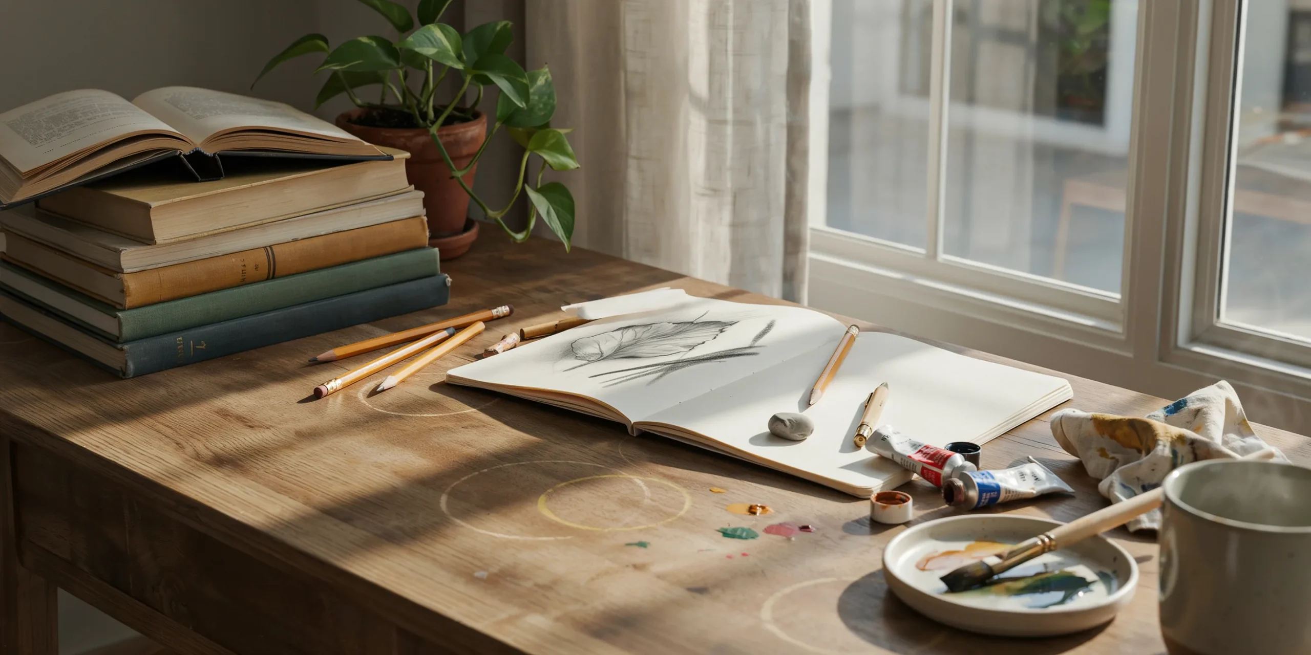 Cozy corner in a creative workspace with natural light and art supplies.