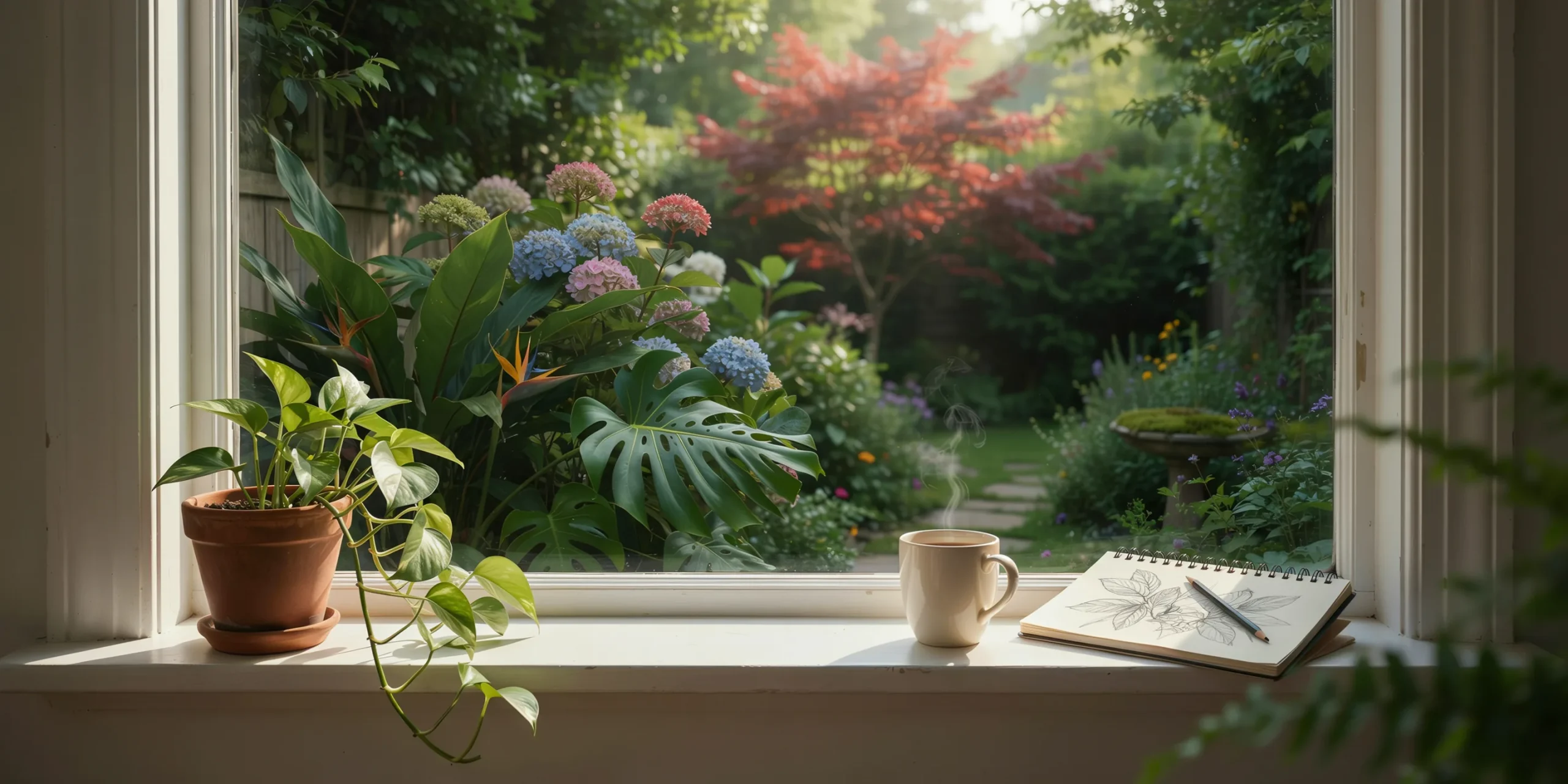 View from a workspace window overlooking a lush garden.