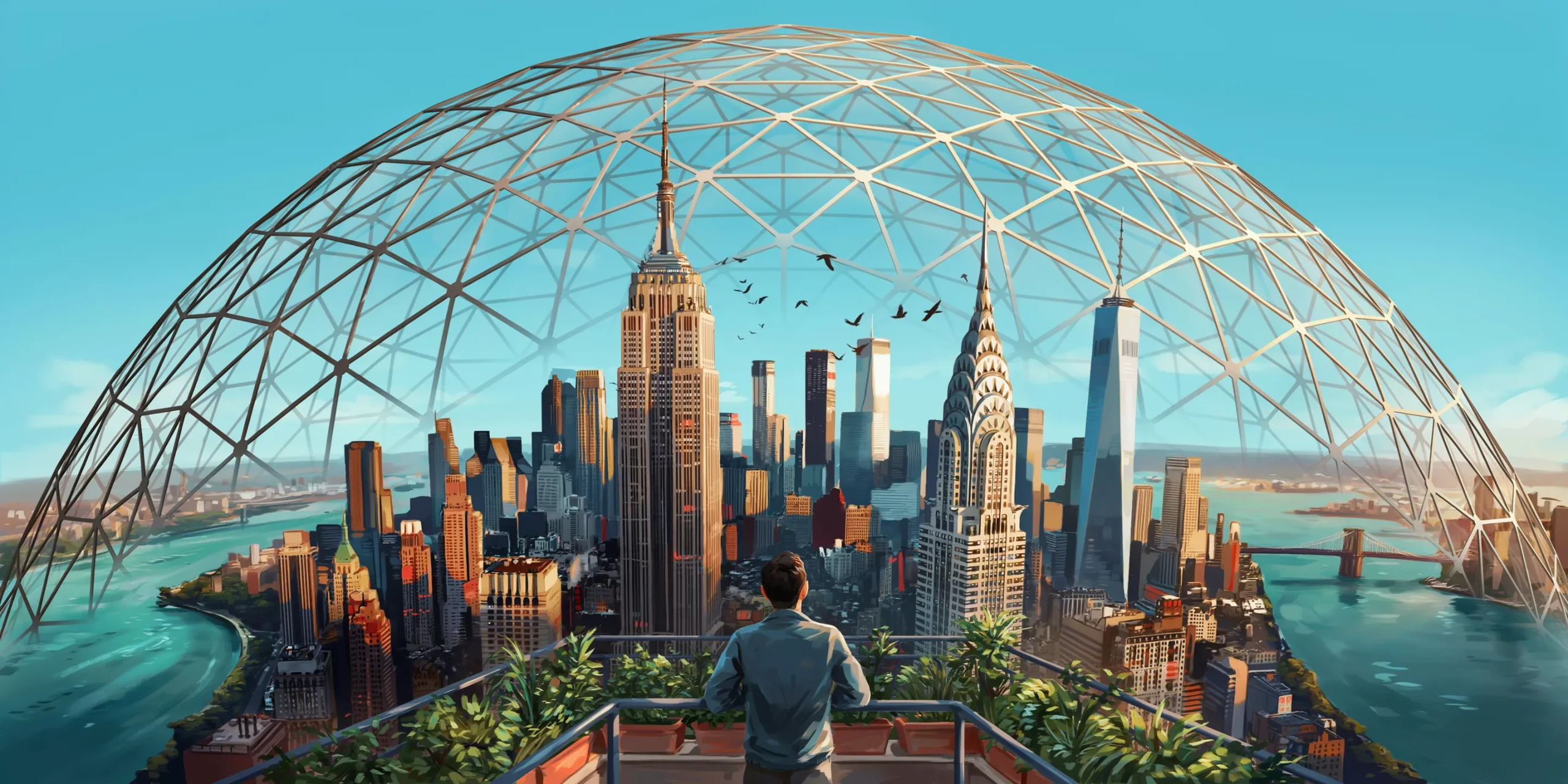 Illustration of Buckminster Fuller's geodesic dome proposal over Manhattan, an unbuilt architectural vision